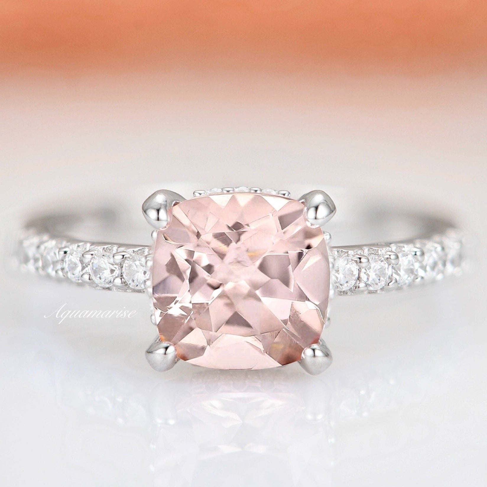 Hidden Halo Morganite Engagement Ring - Sterling Silver Wedding Band for Women, Perfect for Proposals, Anniversaries & Bridal Jewelry Gifts
