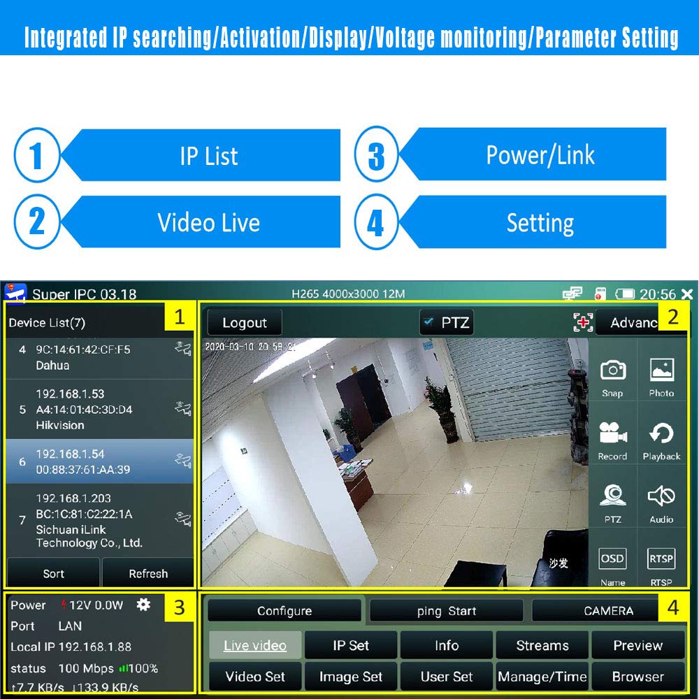 Professional Security Camera Tester for IP, HD & Analog Cameras - SDI Input, Power Supply & Network Cable Testing | Ideal for CCTV Installations & Surveillance System Maintenance