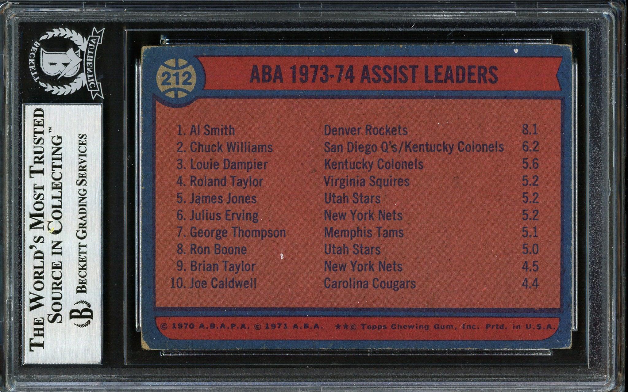 Al Smith, Chuck Williams & Louie Dampier Autographed 1974-75 Topps Basketball Card #212 - Beckett BAS Certified #12409603 - Perfect for NBA Memorabilia Collectors and Sports Fans Display