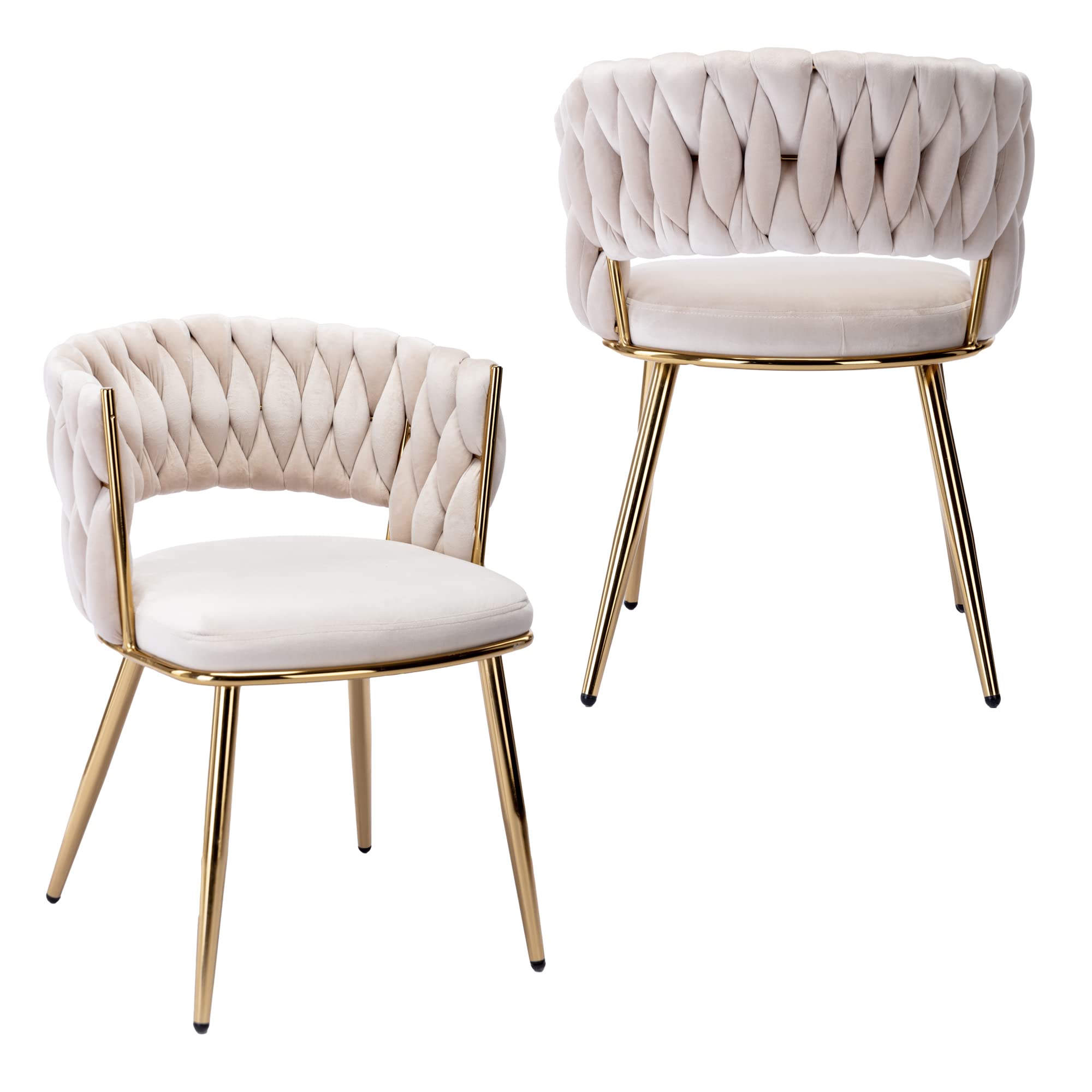 KCC Modern Velvet Dining Chairs Set of 2 - Mid-Century Upholstered Living Room Chairs with Woven Back & Gold Metal Legs - Beige Accent Side Chairs for Dining Room, Kitchen, Office & Home Decor