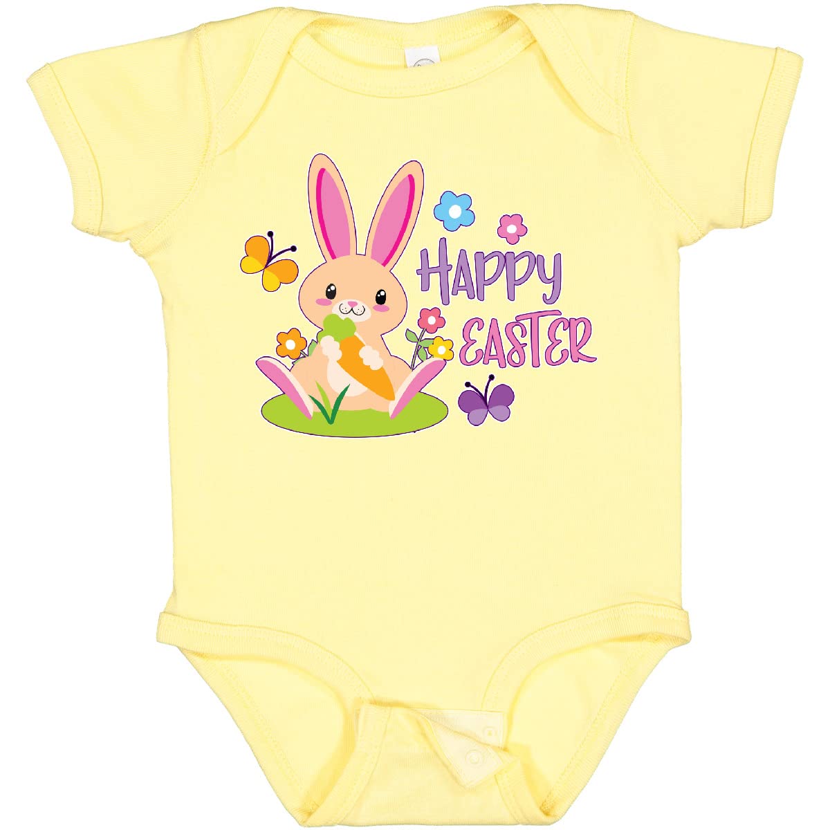 Inktastic Happy Easter Baby Bodysuit - Cute Bunny & Butterflies Design - Soft Cotton Infant Onesie for Easter Outfits, Spring Photoshoots & Holiday Celebrations