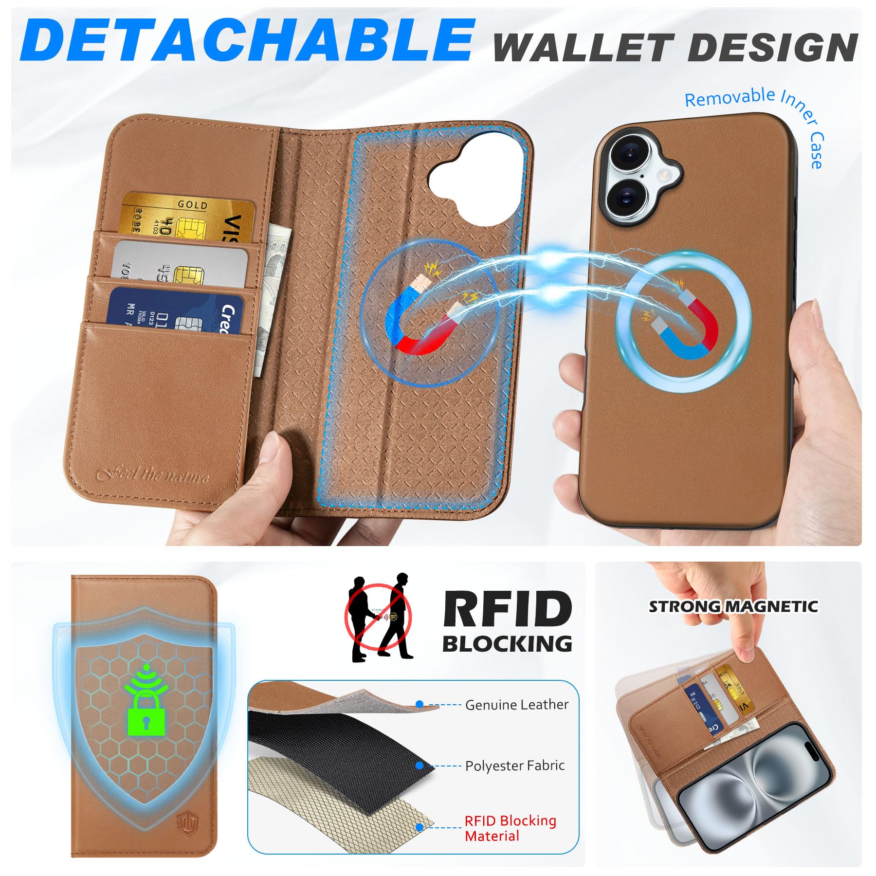 SHIELDON Genuine Leather 2-in-1 Wallet Case for iPhone 16 with Wireless Charging, Detachable Kickstand & RFID Blocking Card Holder - Magnetic Phone Cover for Everyday Protection (Saddle Brown) | Perfect for Work, Travel and Hands-Free Viewing
