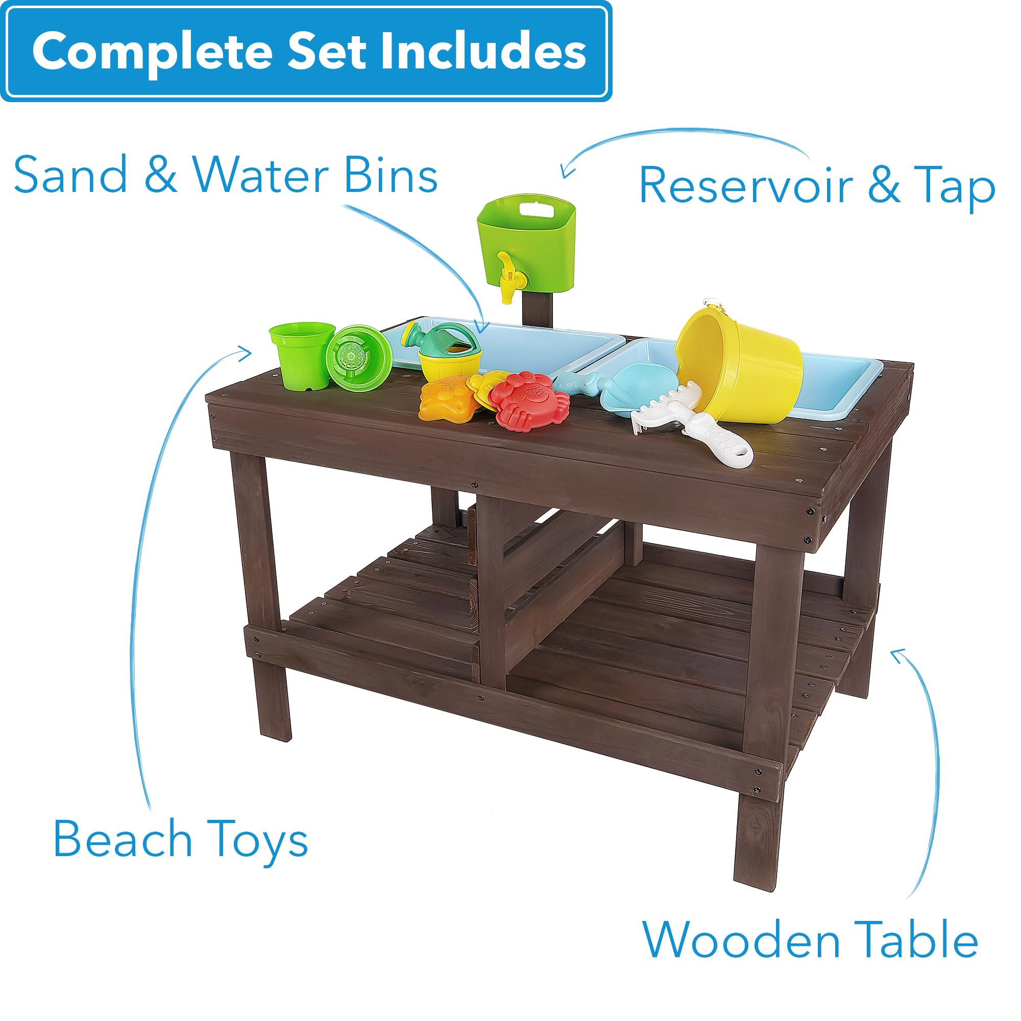 WONKAWOO Wooden Sand and Water Table for Toddlers - Outdoor Sensory Play Table with 2 Plastic Bins, Built-in Water Tap & Beach Toys - Sand & Splash Oasis™ Standing Activity Table - Perfect for Backyard, Beach, and Preschool Playtime