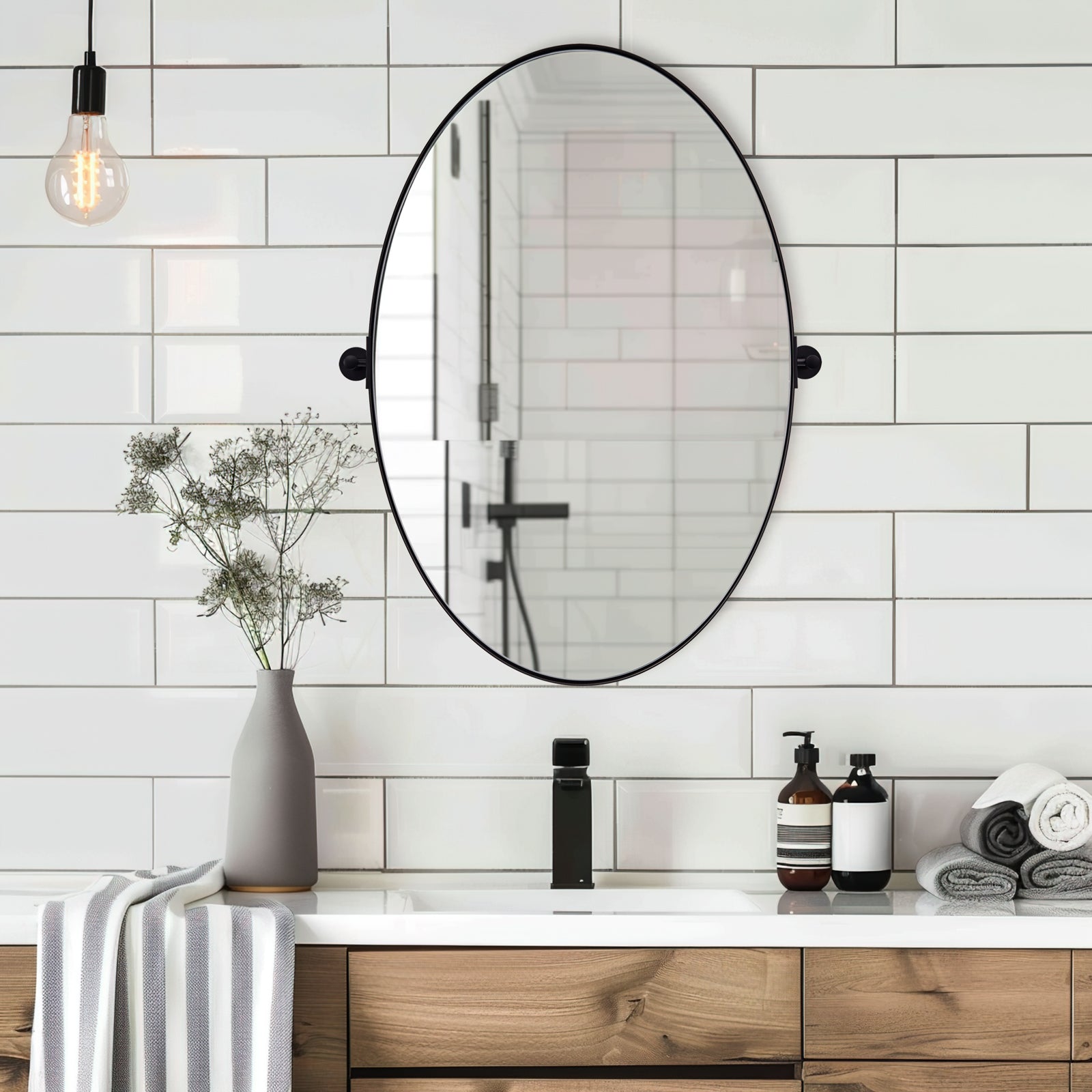 Adjustable Tilting Oval Pivot Mirror with Stainless Steel Frame for Bathroom Vanity | Perfect for Makeup, Shaving & Home Decor