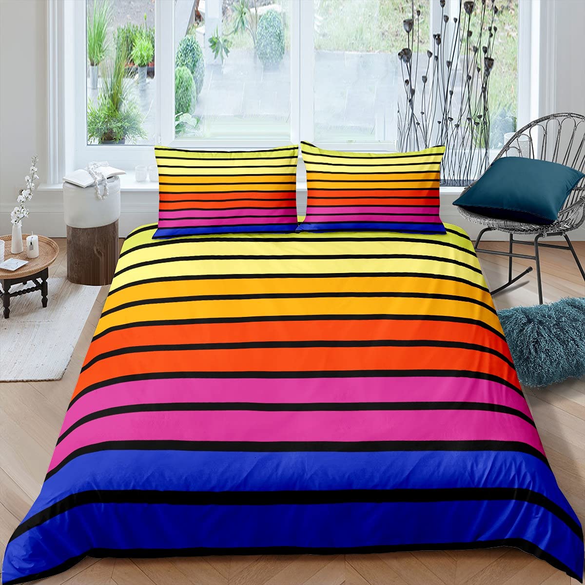 Rainbow Kids Bedding Set 3-Piece - Watercolor Stripes Geometric Comforter Cover for Teen Girls & Women | Ultra Soft Queen Size Quilt Cover | Perfect for Kids' Rooms, Teen Bedrooms & Dorm Decor