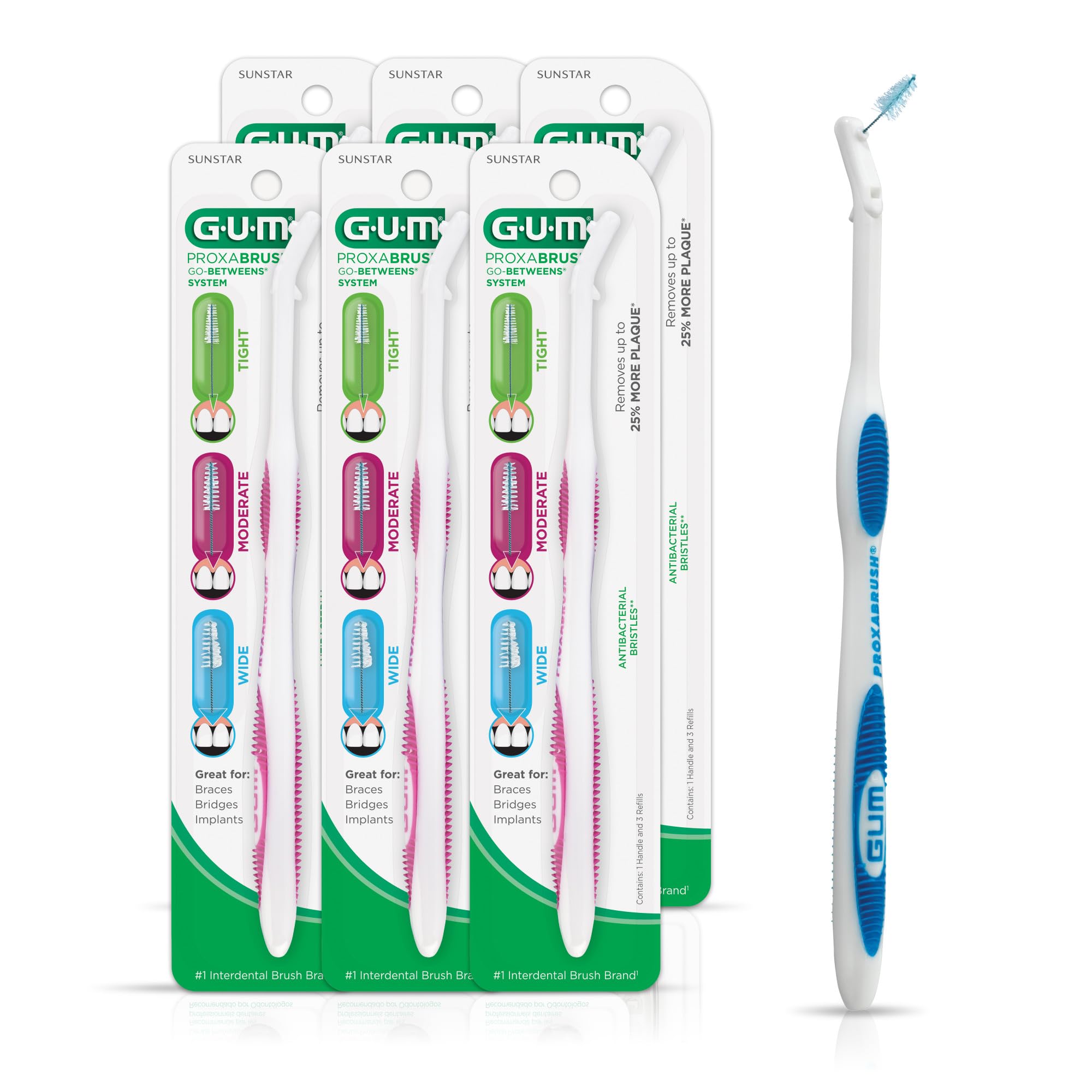 GUM Proxabrush Permanent Handle Refills - 6 Pack Interdental Brushes for Teeth, Braces & Implants | Compatible with Go-Between Cleaners | Perfect for Travel, Home & Office Dental Care
