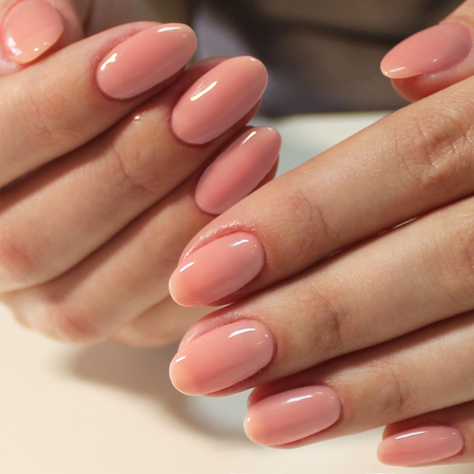 GLAMERMAID Short Oval Press on Nails - Nude Pink & Peach Blossom False Nails with Adhesive Tabs | Reusable Acrylic Glue on Nails for Women | Pure Glossy Gel Fake Nails Set | Perfect for Parties, Weddings & Everyday Wear