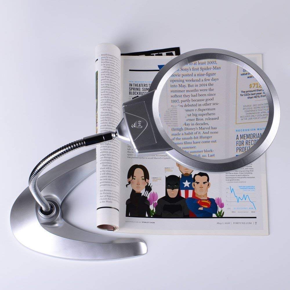 2X & 6X Magnifying Glass with LED Light - Dual Lens Desktop Magnifier for Reading, Crafts, Jewelry & Phone Repair - Senior Reading Aid & Hobby Tool (Silver)