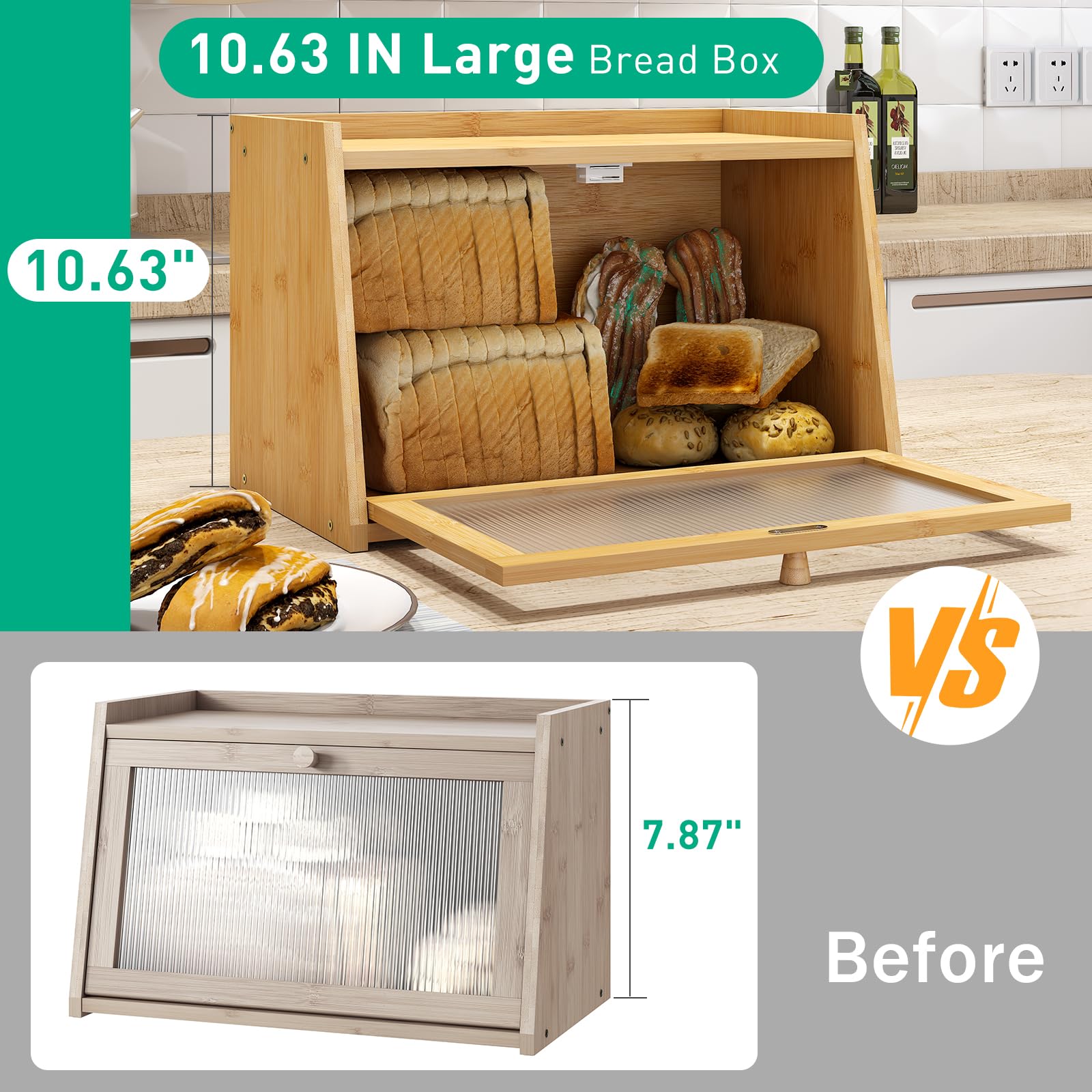 Large Bamboo Bread Box with Wavy Acrylic Transparent Door - Farmhouse Style Kitchen Counter Bread Storage Container for Bread, Buns & Pastries - Perfect for Home, Bakery or Restaurant Use (Natural Wood)