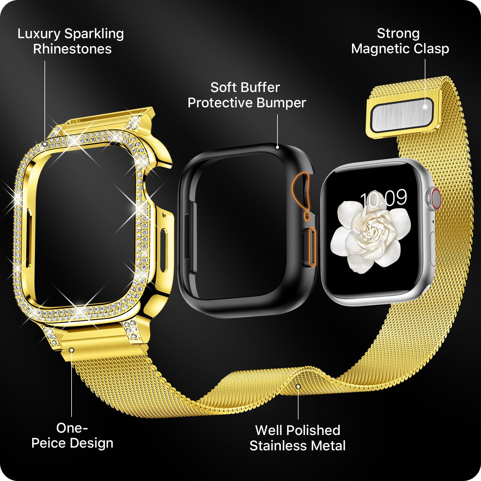 XYF Compatible Apple Watch Band 45mm 44mm 41mm 40mm - Stainless Steel Magnetic Milanese Loop with Rhinestones for Women - Luxury Dressy Strap for iWatch Series 9/8/7/6/SE/5/4 - Perfect for Work, Parties & Everyday Wear