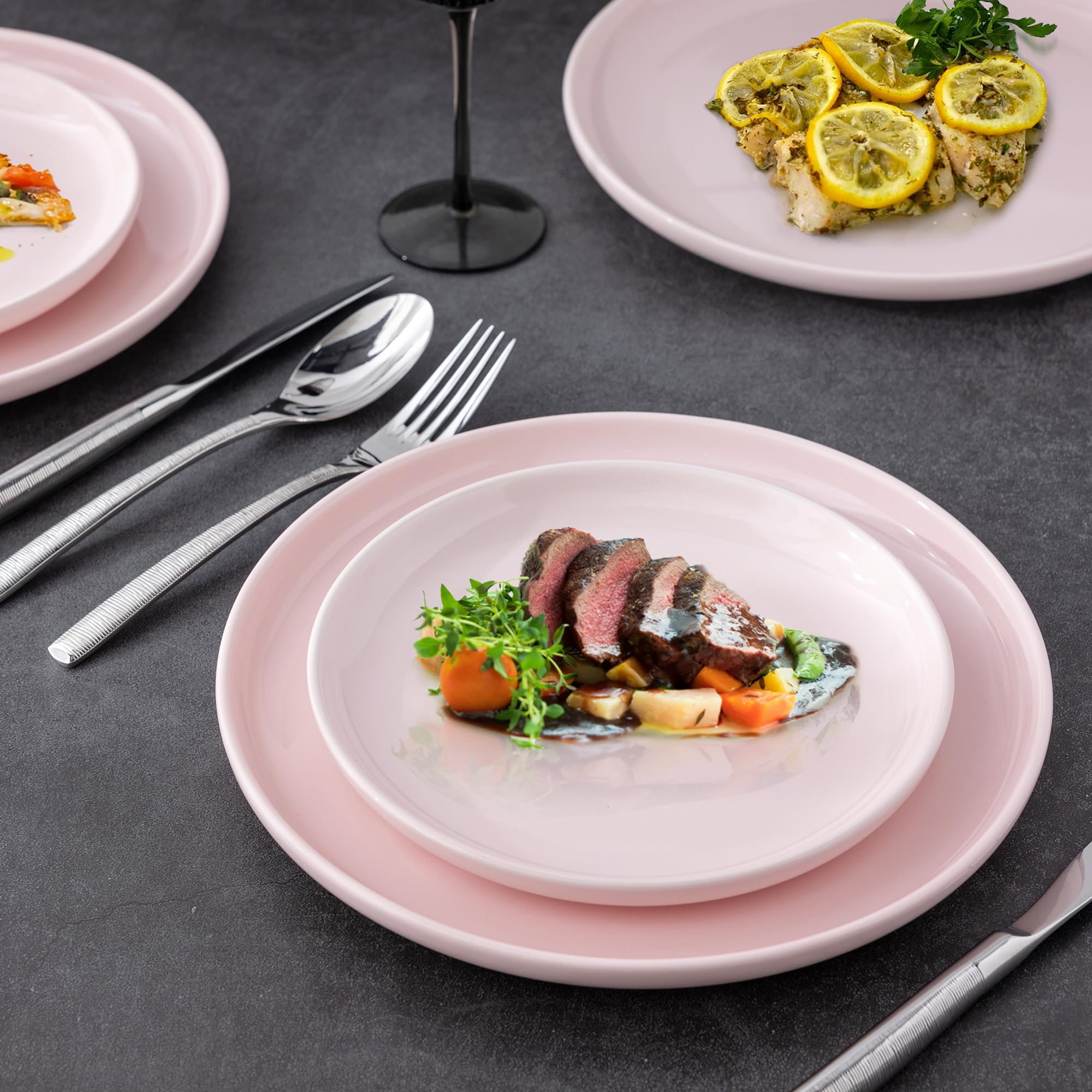 AmorArc 6-Piece Ceramic Dinner Plates Set - 8 Inch Round Stoneware Salad & Dessert Plates, Microwave & Dishwasher Safe, Scratch Resistant Deep Dishes - Pink | Perfect for Family Dinners, Parties, Restaurants & Everyday Use