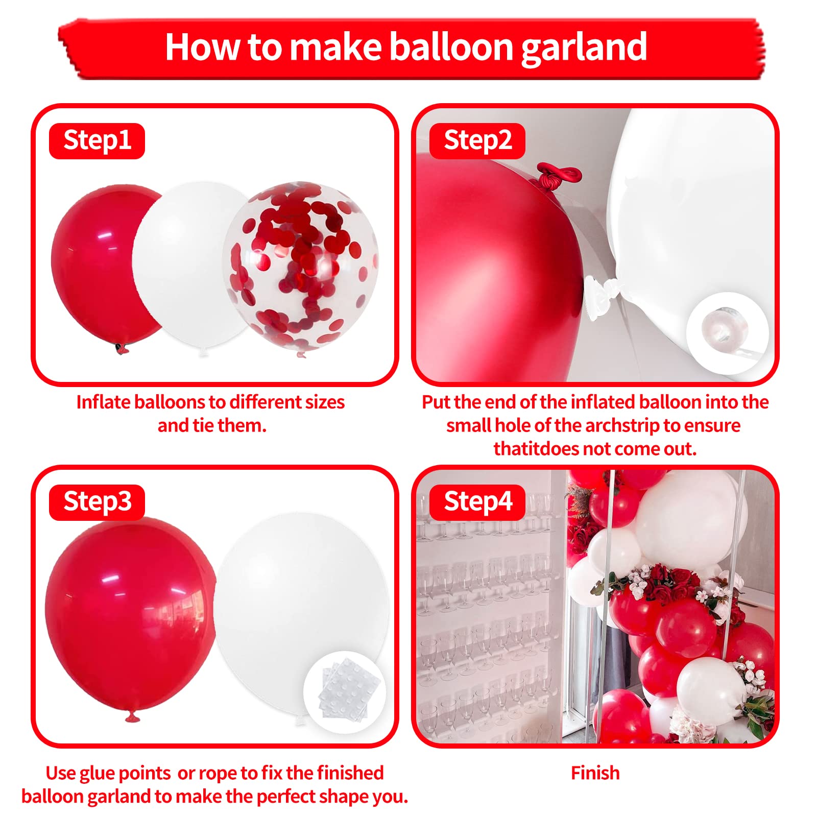134-Pack Red & White Balloons Garland Kit - 18/12/10/5 Inch Matte Latex Balloons with Confetti - Perfect for Wedding, Birthday Party Arches & Christmas Decorations