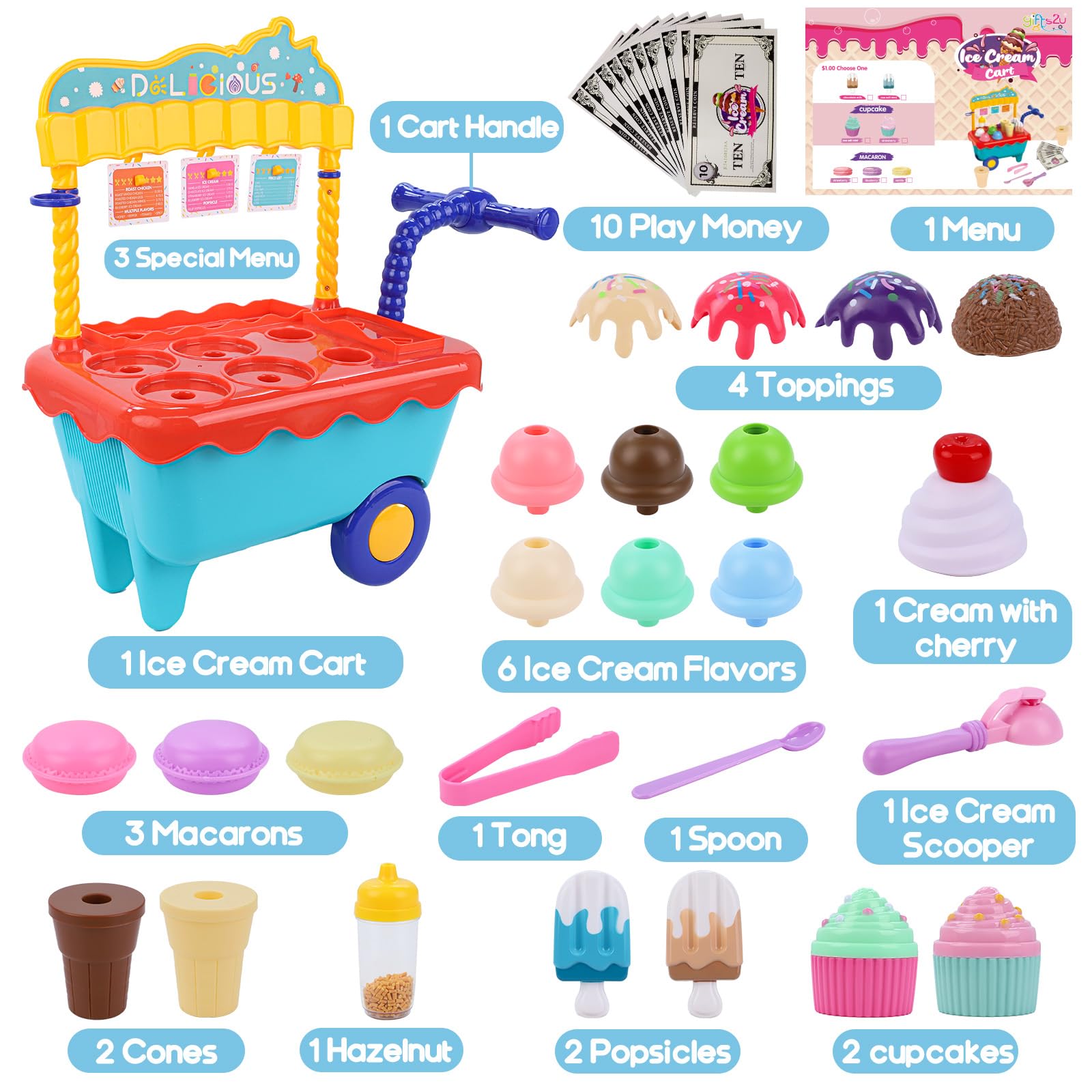 45 Pcs Ice Cream Cart Play Set for Kids - Pretend Play Store with Storage Trolley, Food Toys & Ice Cream Shop Toy - Perfect Gift for Boys & Girls Ages 3-6 - Fun Birthday Party, Daycare & Indoor Play Activity