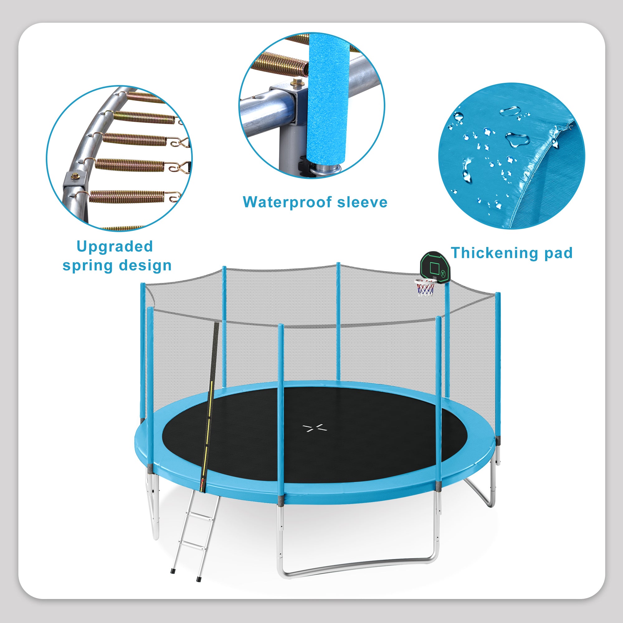 14FT Kids Trampoline with Safety Enclosure Net, Basketball Hoop & Ladder - Easy Assembly Outdoor Round Trampoline for Backyard Fun & Exercise