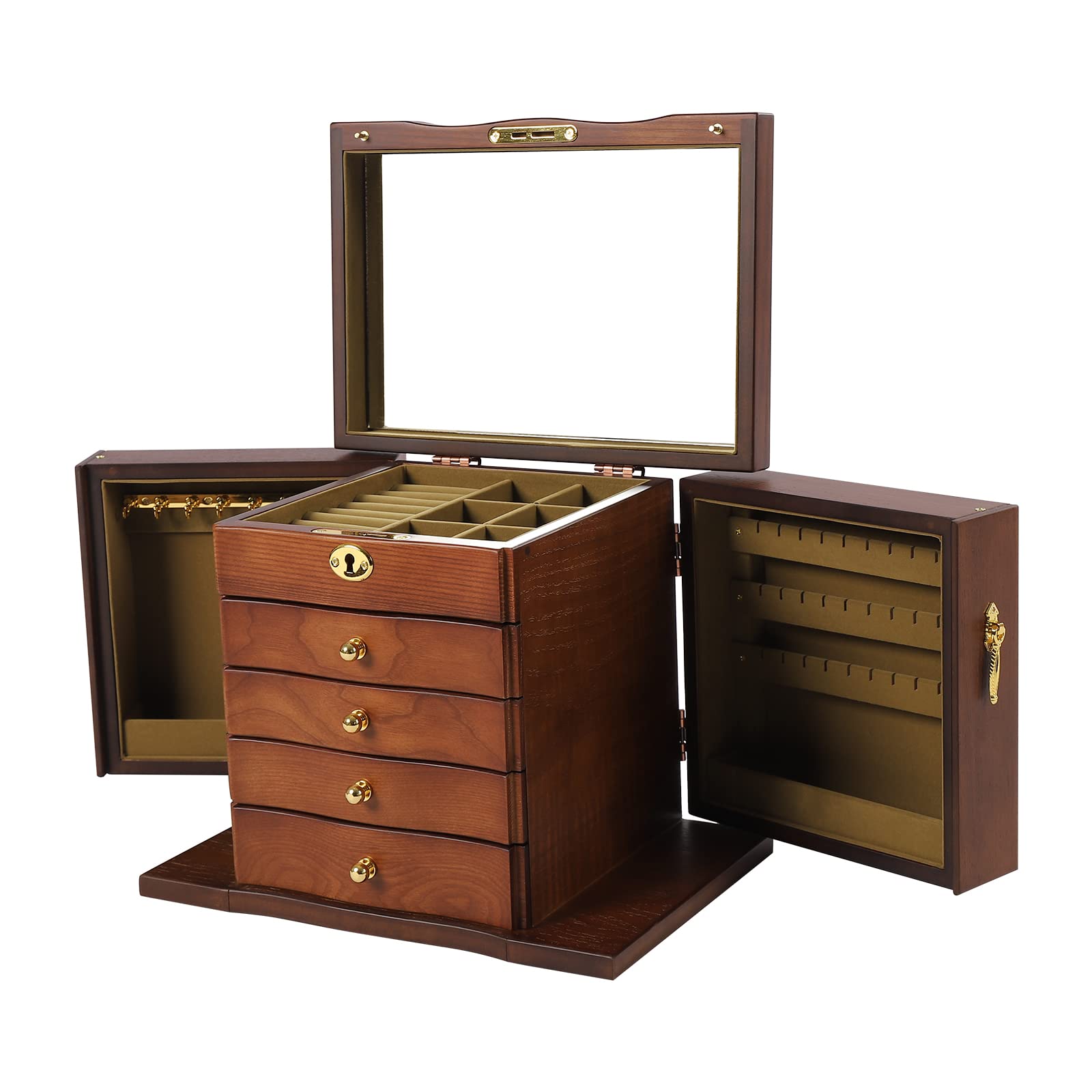 LOYALHEARTDY Large 5-Layer Wooden Jewelry Box with 2 Swing-Out Cabinets, Mirror & Lock - Necklace Earring Bracelet Organizer Storage Display Case - Perfect for Bedroom Vanity, Wedding Gift & Jewelry Collection