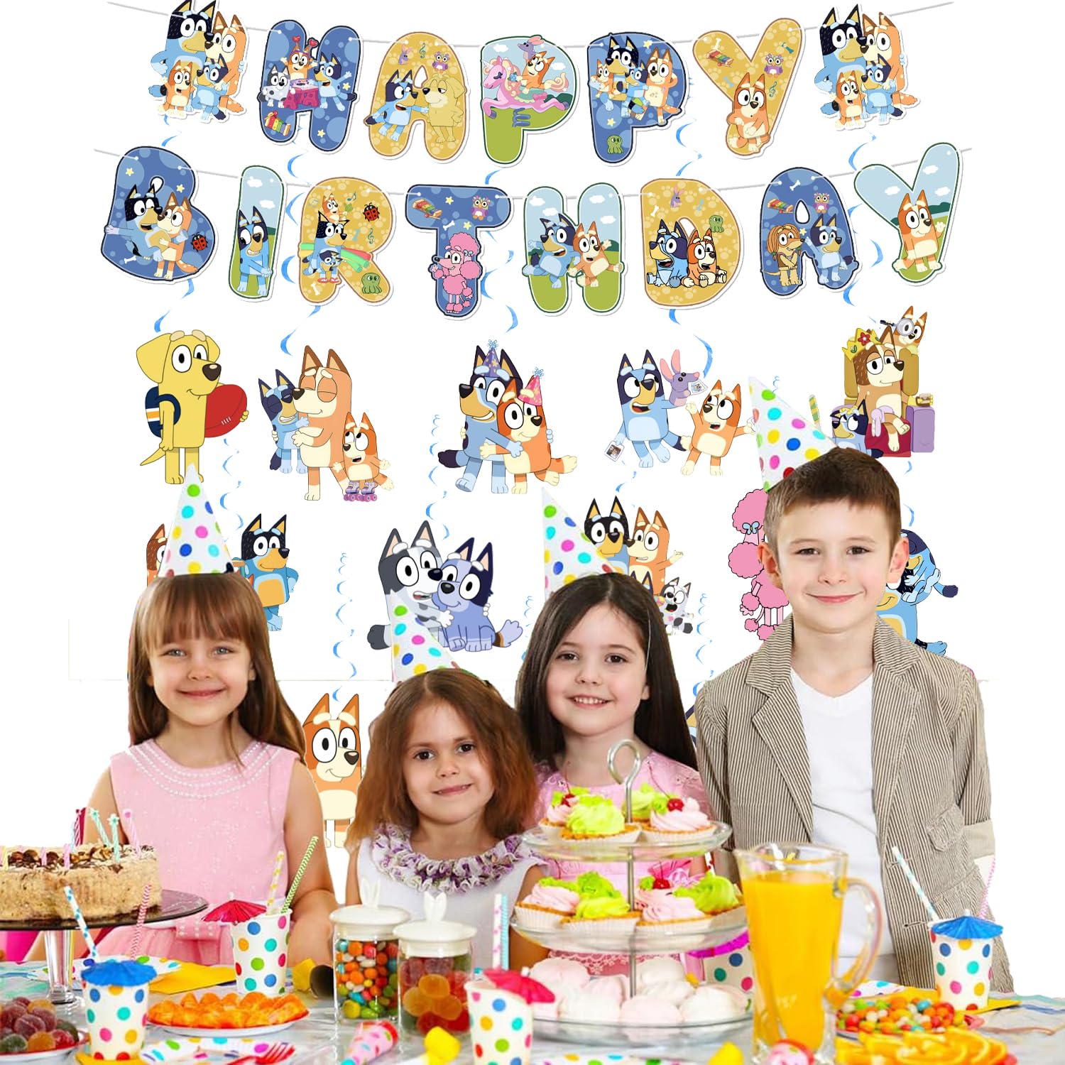 16PCS Blue Dog Happy Birthday Banner Party Decorations - 1 Banner & 15 Hanging Swirls for Kids Birthday Party Supplies | Perfect for Boys Girls Birthday Decorations, Baby Showers & Indoor Outdoor Celebrations