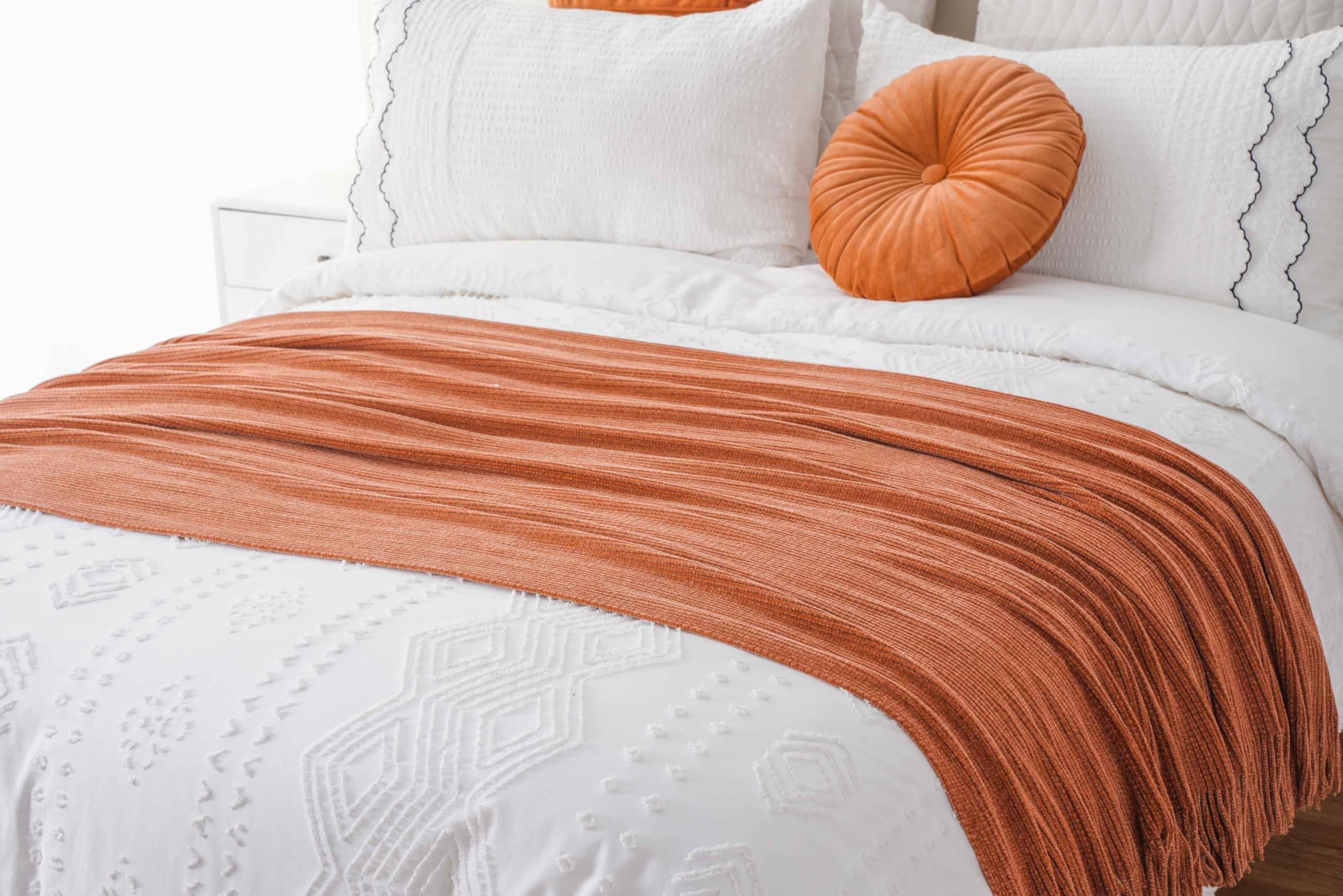 BATTILO HOME Rust Orange Chenille Knit Throw Blanket with Tassels - 50