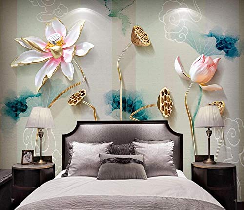 3D Lotus Flower Wallpaper Decal - Self-Adhesive Removable Vinyl Wall Mural (205