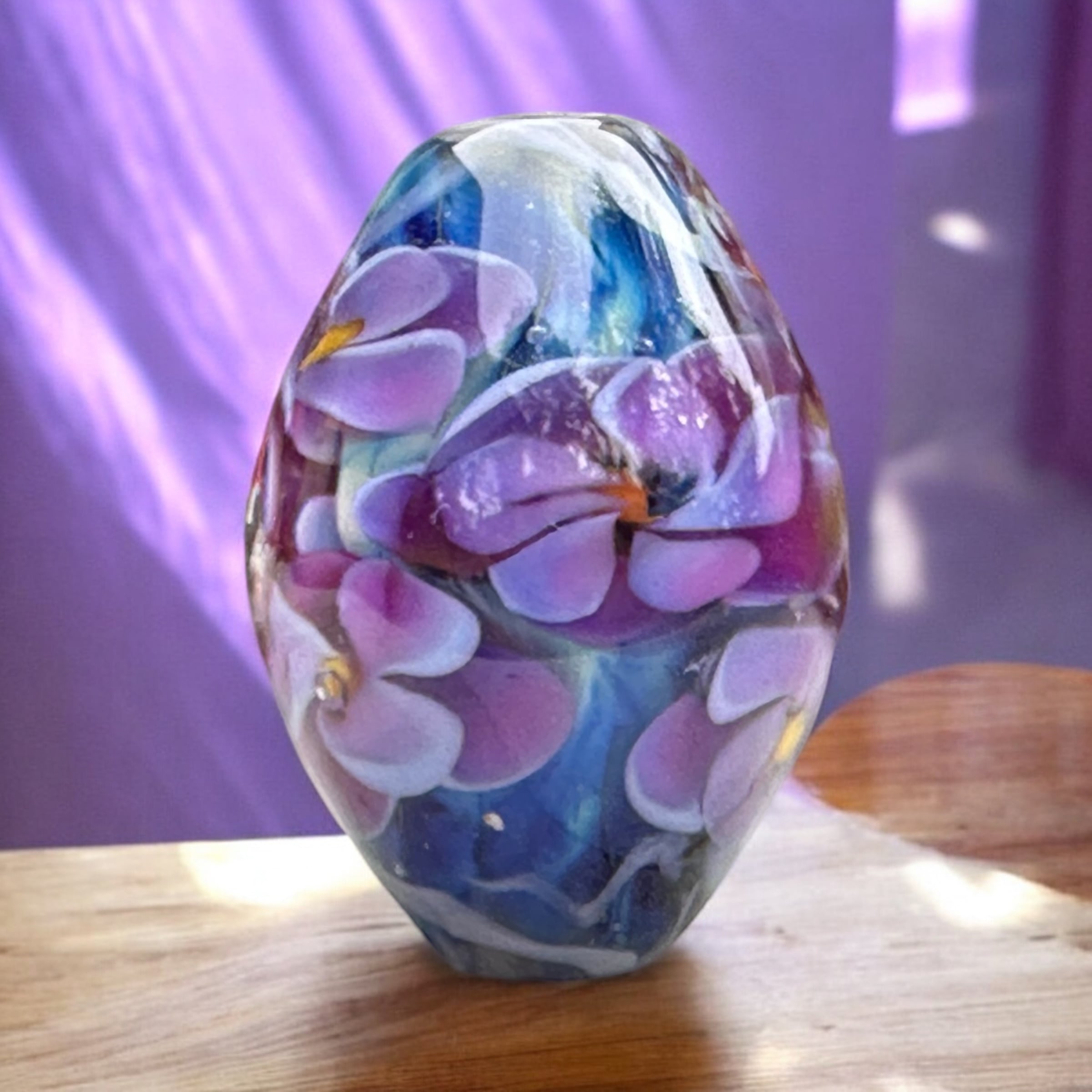 Purple Floral Blue Lampwork Glass Focal Bead for Jewelry Making - Handmade SRA Bead Perfect for Necklaces, Bracelets & DIY Craft Projects