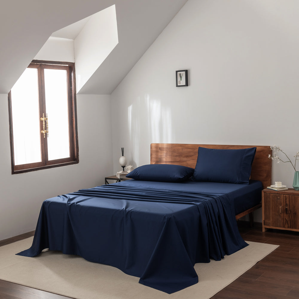 Premium 400 Thread Count Casey Cotton Sheet Set - Navy Blue Split Queen Bed (50cm) - Soft & Breathable for Ultimate Comfort - Perfect for Guest Rooms, Master Bedrooms & Dormitories