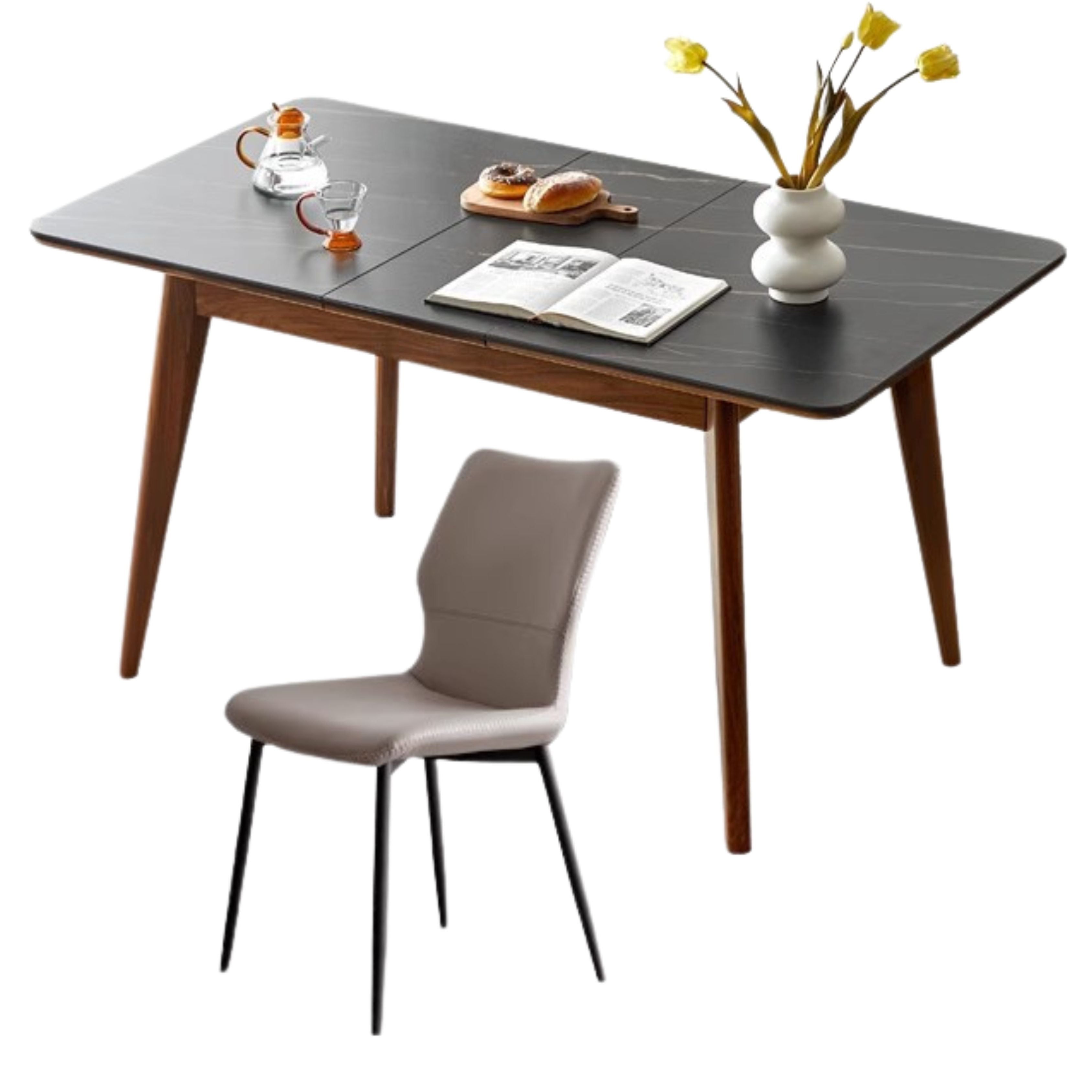 Premium Black Walnut & Ash Solid Wood Extendable Dining Table - Expandable Rock Slab Design for Modern Farmhouse, Rustic Kitchen & Open Concept Dining Rooms