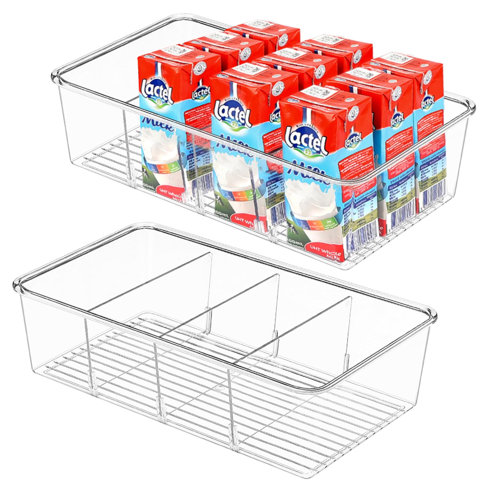 2-Pack Clear Pantry Organizers with Dividers - Kitchen Storage Bins for Snacks, Spices & Cabinets