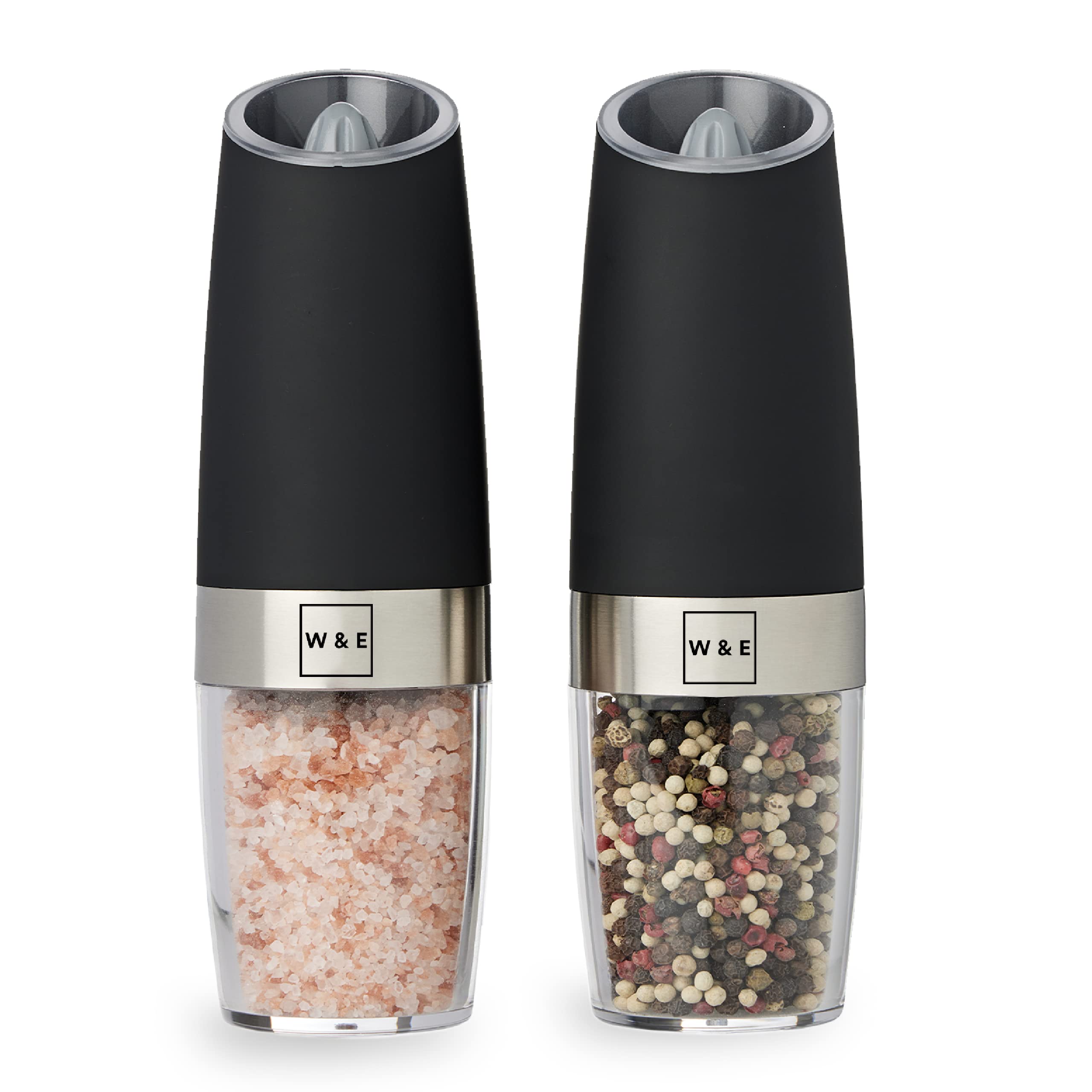 Willow & Everett Electric Salt and Pepper Grinder Set - 2 Pack Battery Operated Automatic Seasoning Mill with Gravity Sensor - Stainless Steel & Black Pepper Shakers for Kitchen, Dining Table & Outdoor Cooking