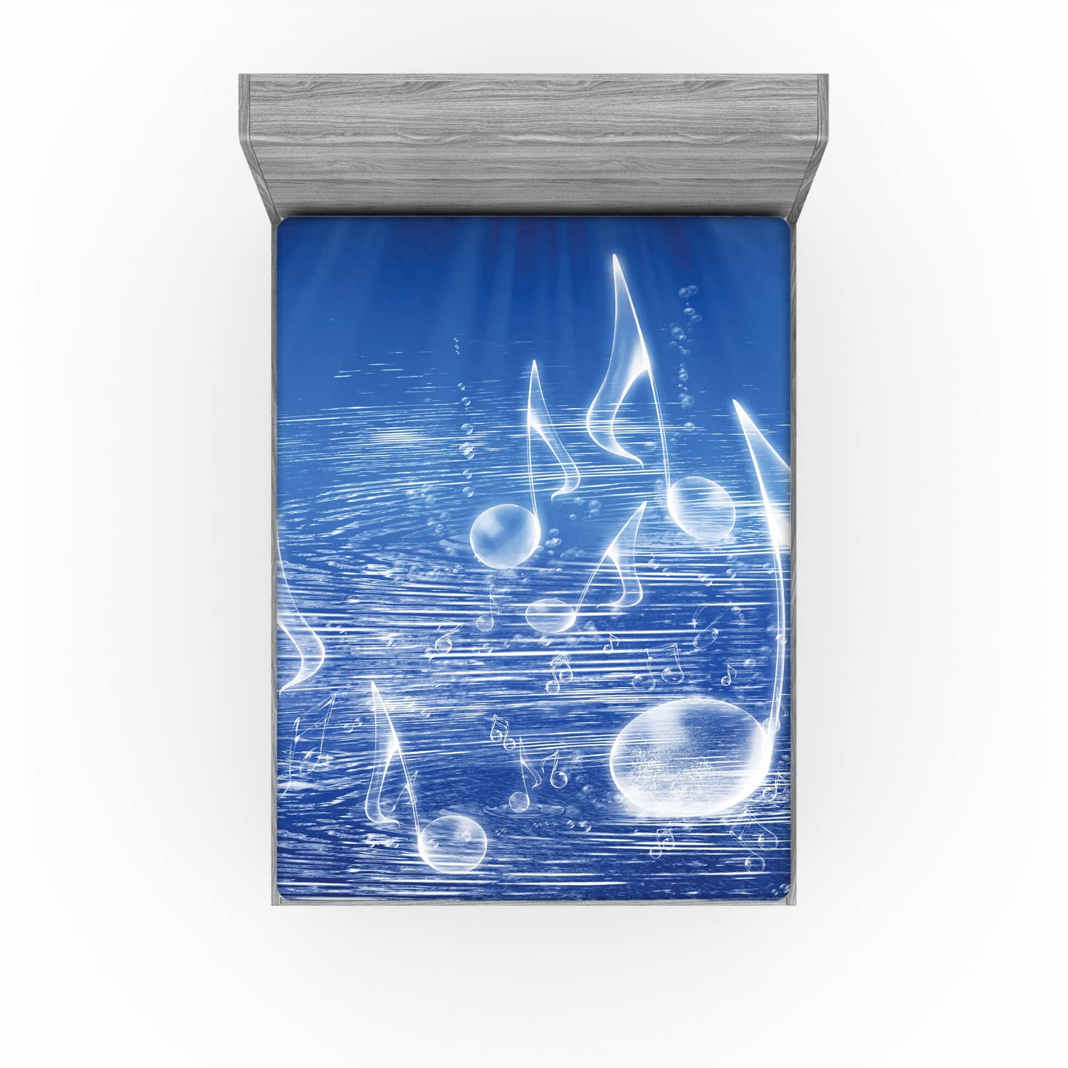 Ambesonne Music Fitted Sheet - Blue Queen Size Water Musical Notes Design with Deep Pocket Elastic Edges for Comfort | Perfect for Bedrooms, Dorms, Guest Rooms & Music Lovers