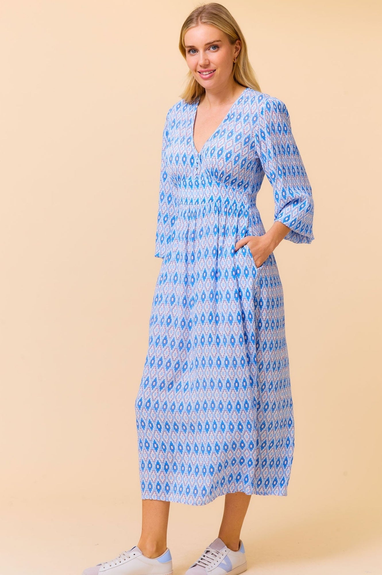 Camila Dress - Aztec Print Light Blue & Red Floral Maxi Dress for Women | Boho Chic Summer Dress for Beach, Vacation & Casual Wear