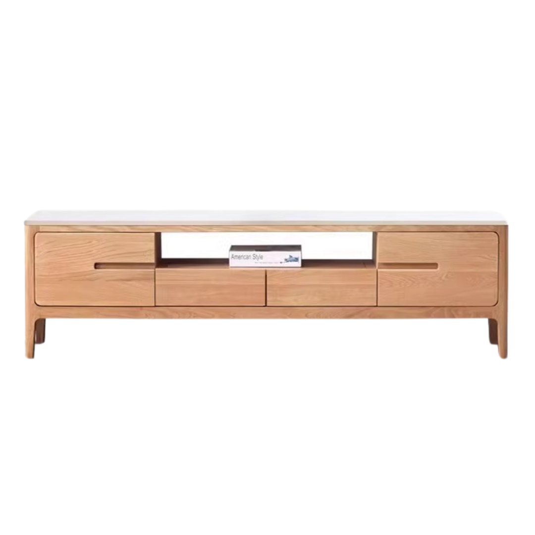 Solid Oak Wood TV Stand with Slate Top - Modern Entertainment Center for Living Room, Bedroom & Home Theater