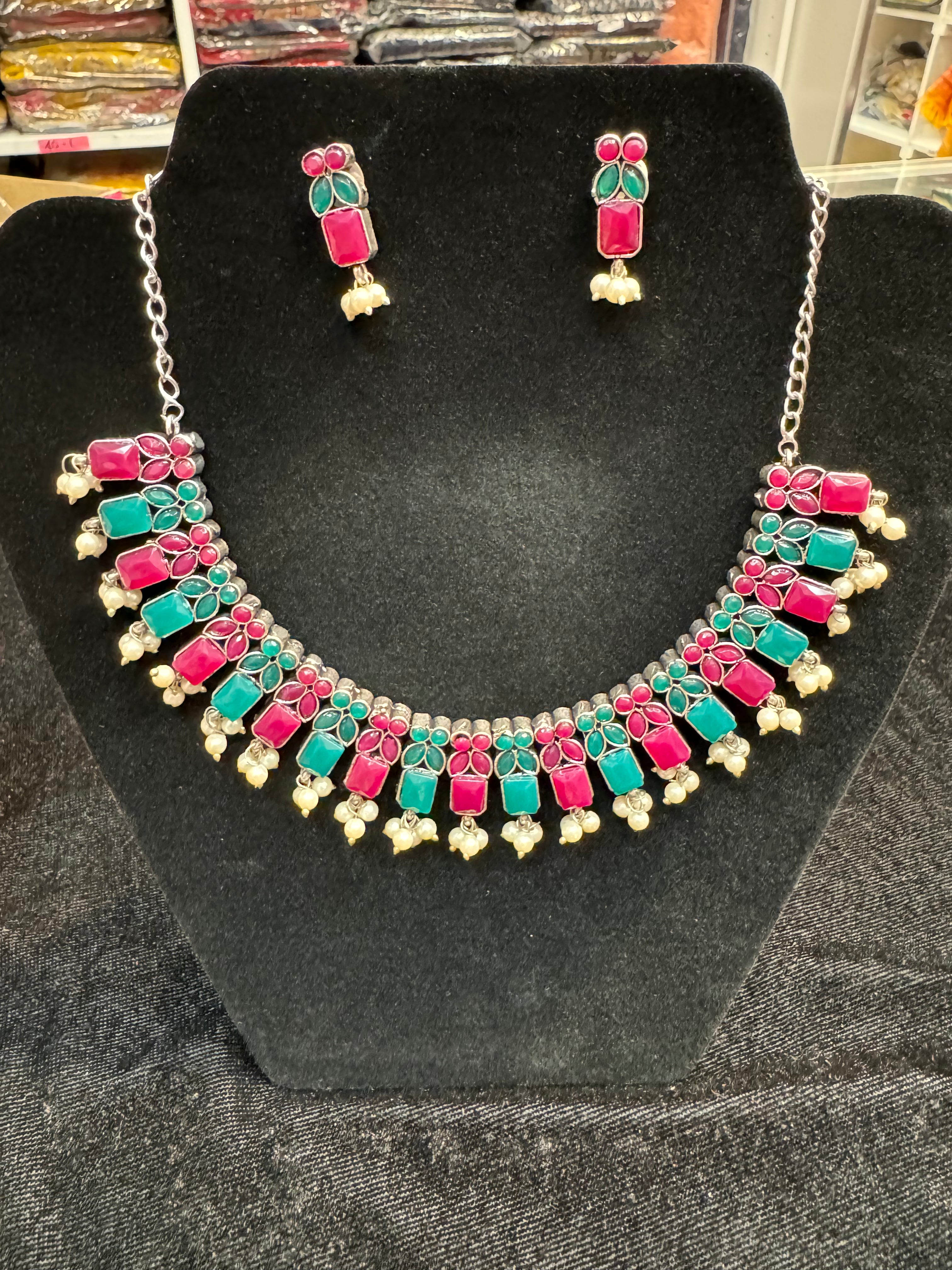 Elegant Pink & Green Stone Pearl Beaded Necklace & Earrings Set | Oxidized Jewelry for Women | Perfect for Weddings, Parties & Special Occasions