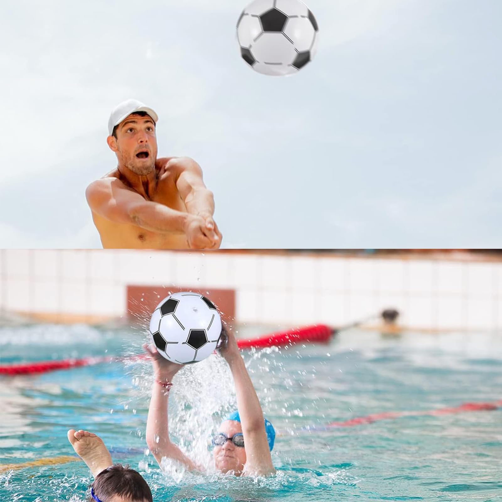 4-Piece Inflatable Pool Ball Set - 2 Footballs & 2 Colorful Beach Balls for Swimming Pool, Beach Parties & Outdoor Water Games - Perfect for Summer Fun, Kids Play & Backyard Activities