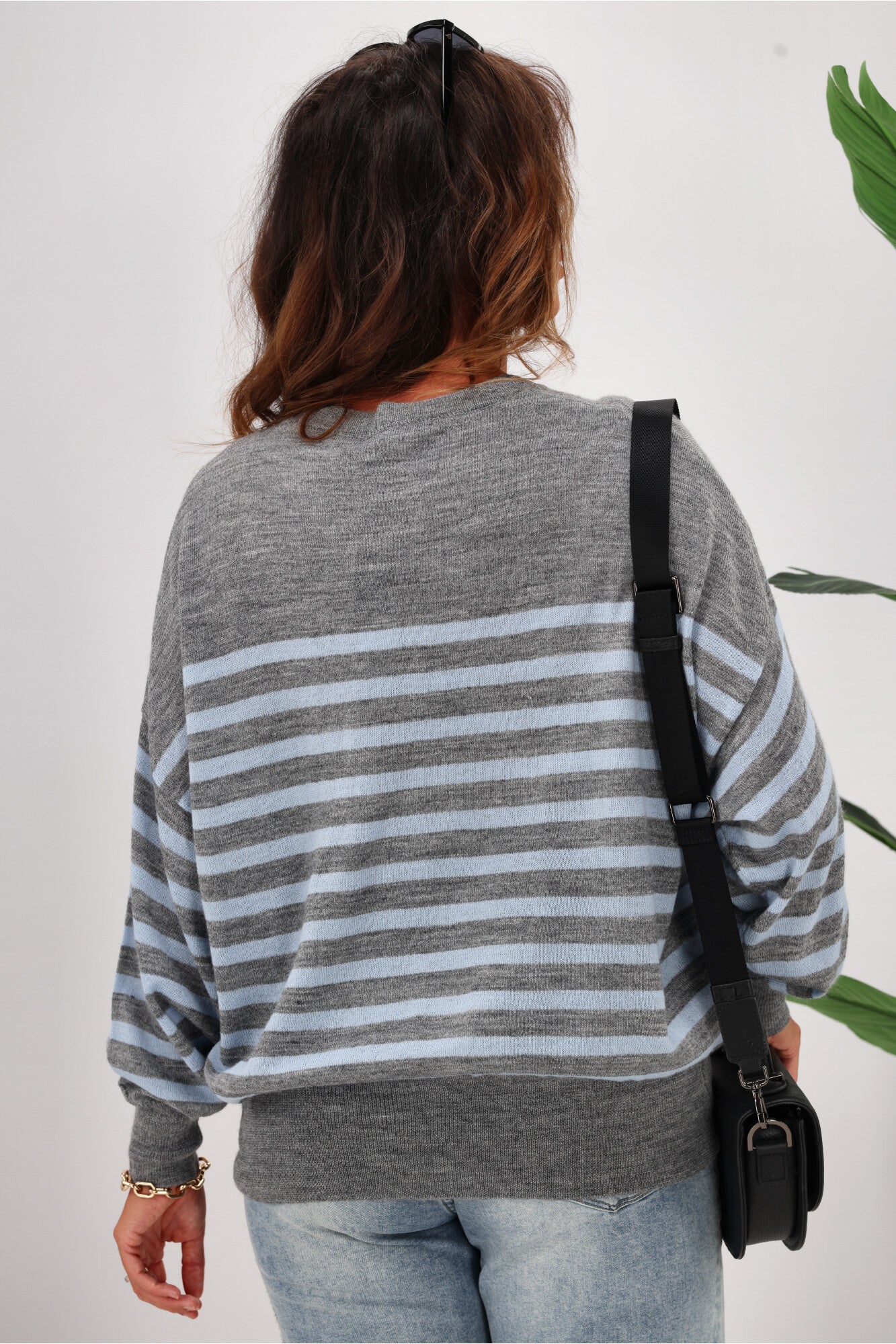 Alpine by Shine On Women's Striped Merino Wool Batwing Sweater - Soft Grey Marle & Blue Knit Top for Casual Wear & Layering