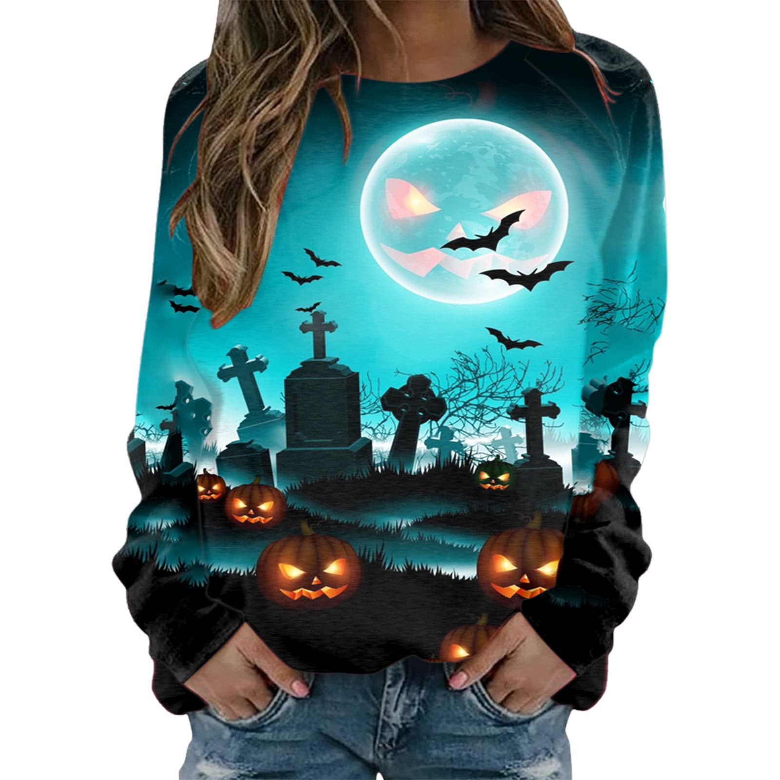 Halloween Dog Shirt for Women - Cute Halloween Print Pullover Sweatshirt with Round Neck, Long Sleeve Casual Tops - Perfect for Halloween Parties, Pet Lovers & Fall Outfits