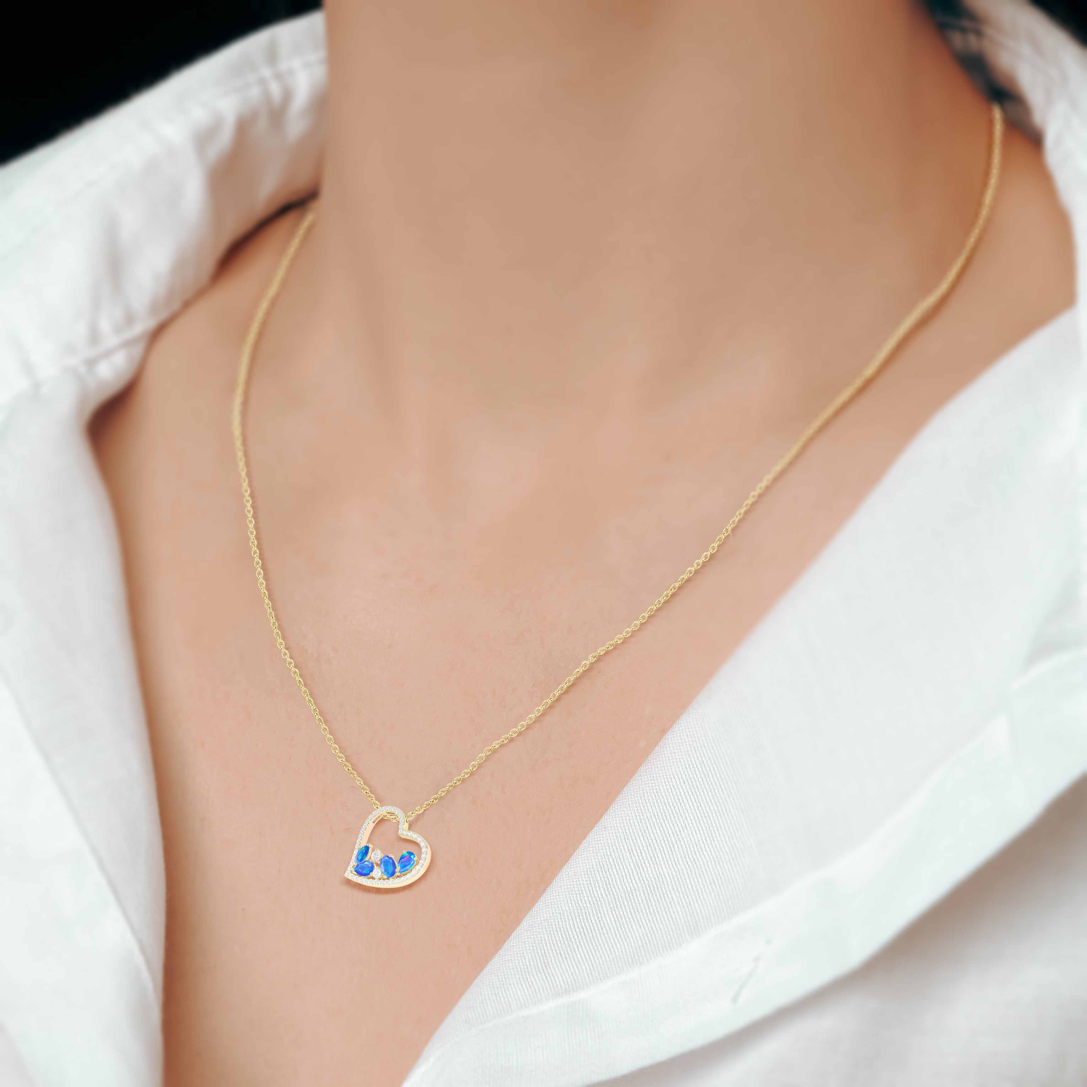 Natural Blue Opal 4 Stone Heart Pendant Necklace for Women - Elegant 925 Sterling Silver Chain Jewelry Gift for Valentine's Day, Anniversary & Special Occasions
