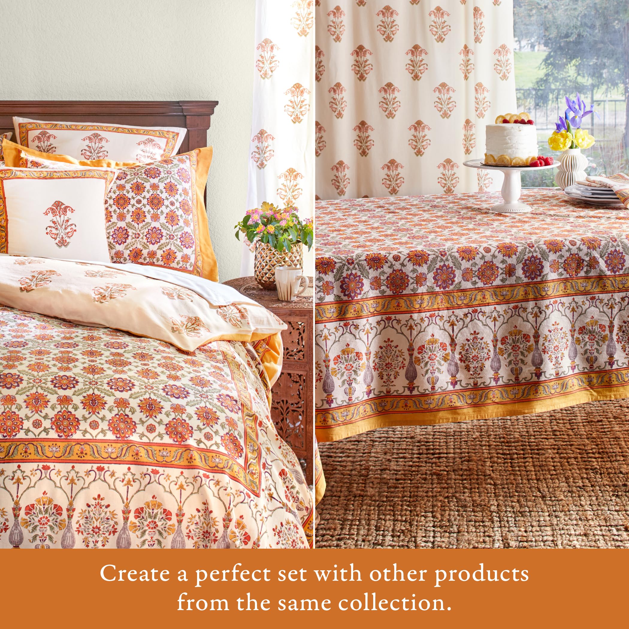 Luxury 100% Cotton Round Hand Block Printed Tablecloth - Orange Blossom Design, Washable & Durable for Home Decor, Perfect for Kitchen, Coffee or Dining Table (70 Inch) - Ideal for Dinner Parties, Family Gatherings & Everyday Use