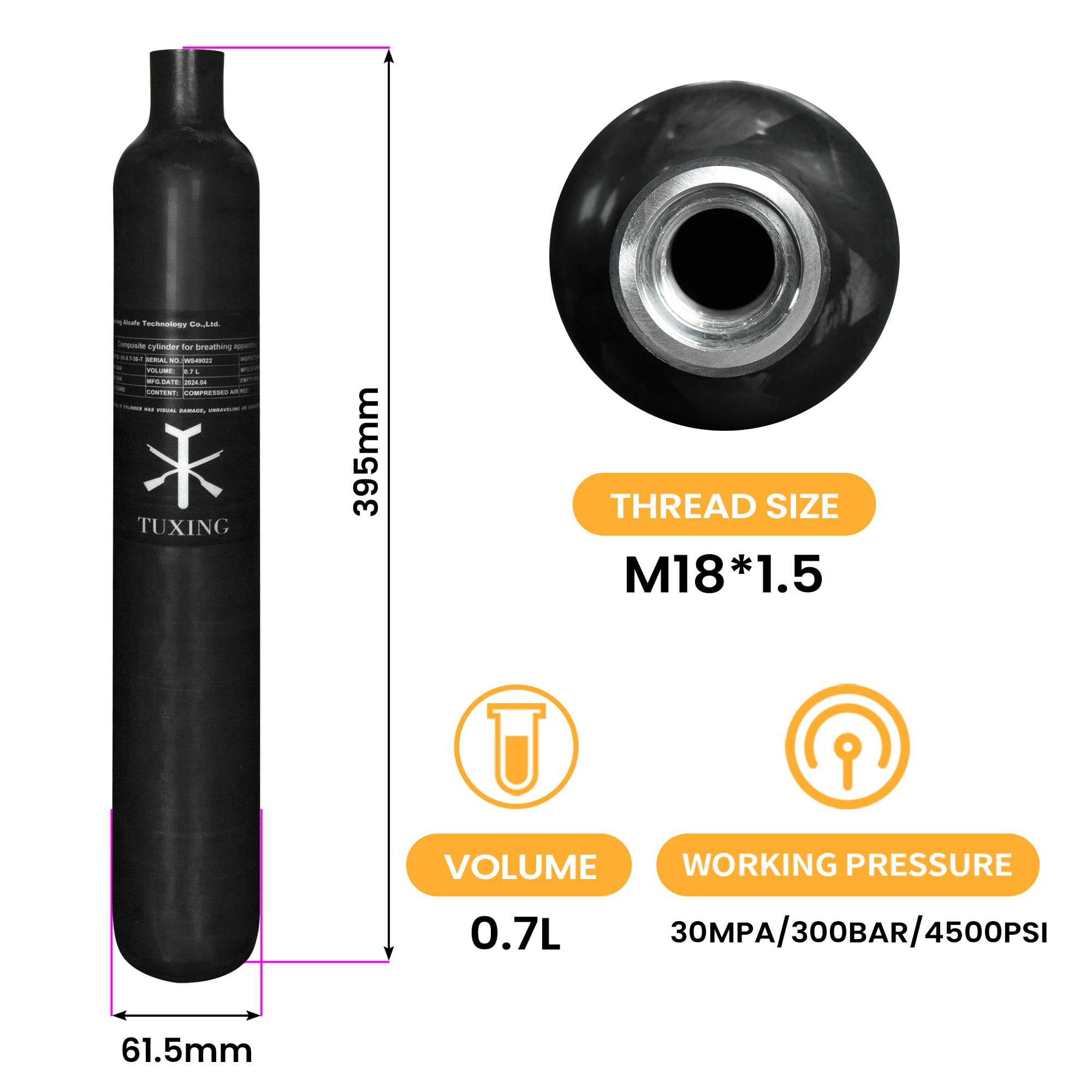 30Mpa 300Bar 4500Psi 0.7L 700cc Carbon Fiber HPA Tank - High Pressure Air Cylinder for PCP Air Rifles, Paintball Guns, Hunting | FX & Daystate Thread M18x1.5 | Perfect for Outdoor Sports & Tactical Shooting