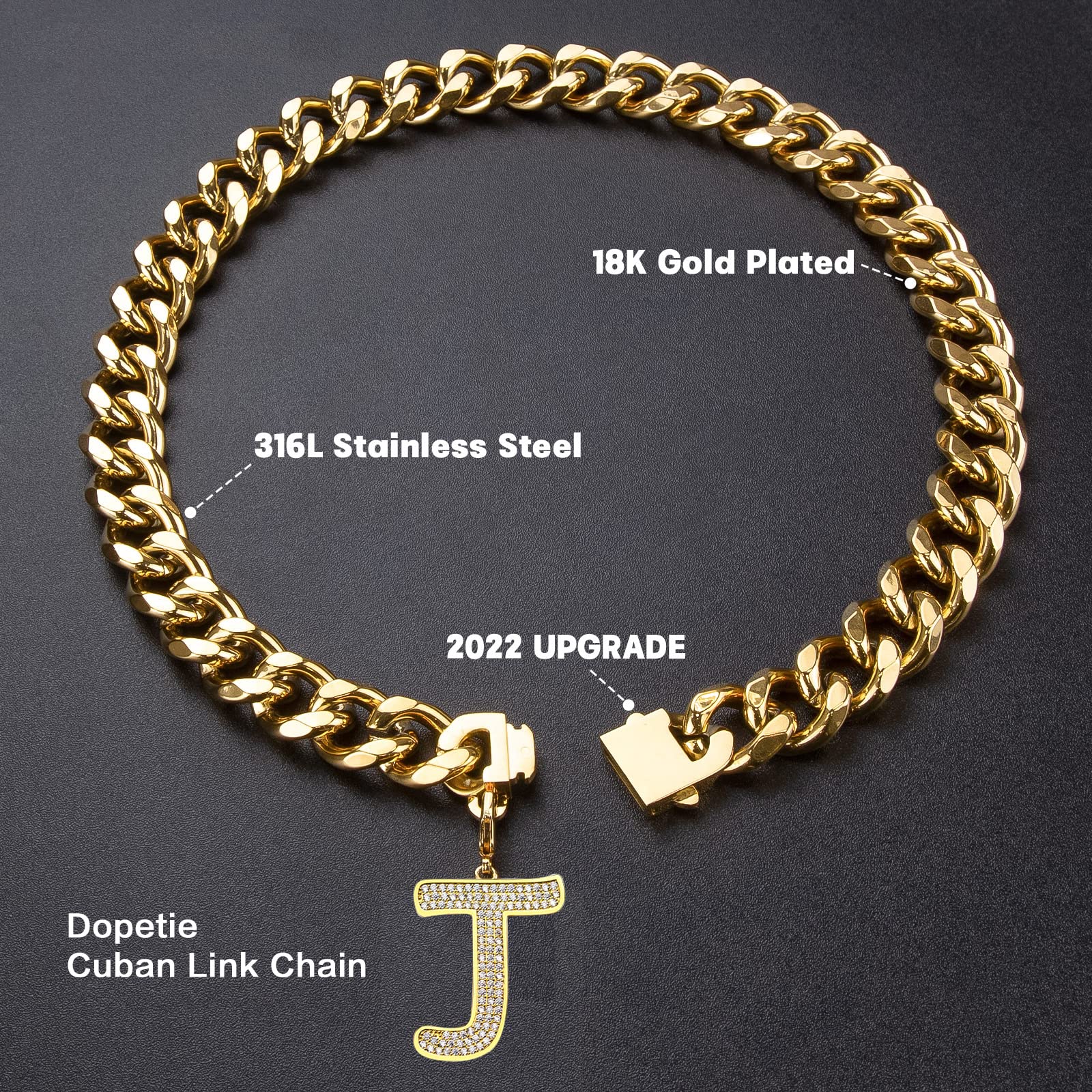 Personalized Gold Chain Dog Collar with Bling Zircons - Heavy Duty Chew Proof Cuban Link Necklace for Medium & Large Dogs (Letter J, 22IN) - Perfect for Pet Fashion & Special Occasions