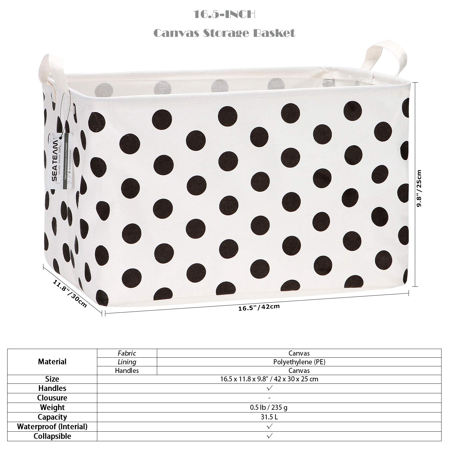 Collapsible Canvas Storage Basket with Handles - Waterproof Foldable Fabric Bin for Closet, Shelf & Home Organization - 16.5 x 11.8 x 9.8 Inches Black Dot Storage Box - Perfect for Bedroom, Bathroom & Kids Room Storage Solutions