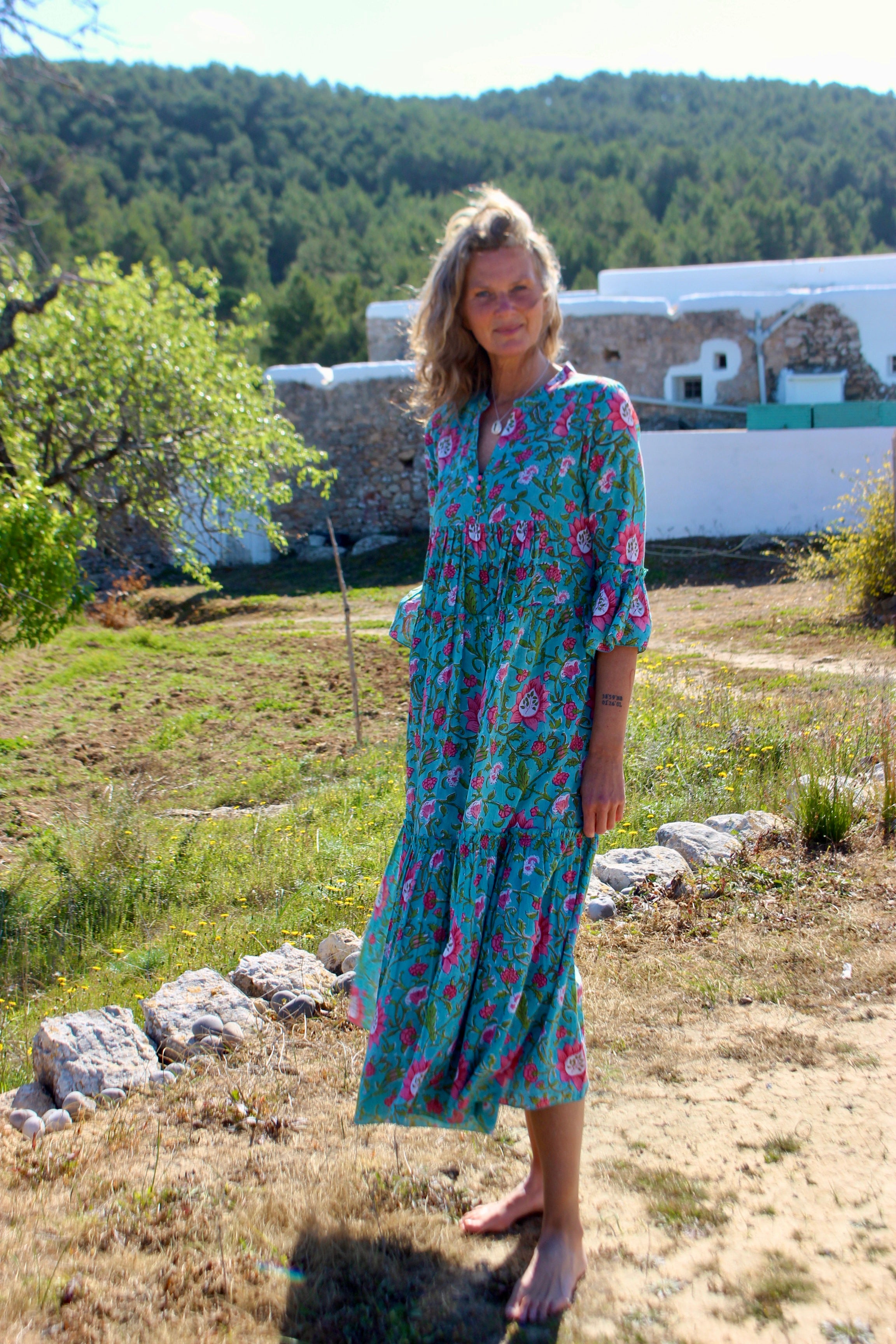 Geo Print Long Sleeve Maxi Dress - Turquoise Cotton Boho Chic Dress for Women | Perfect for Beach Vacations, Summer Outings & Casual Wear