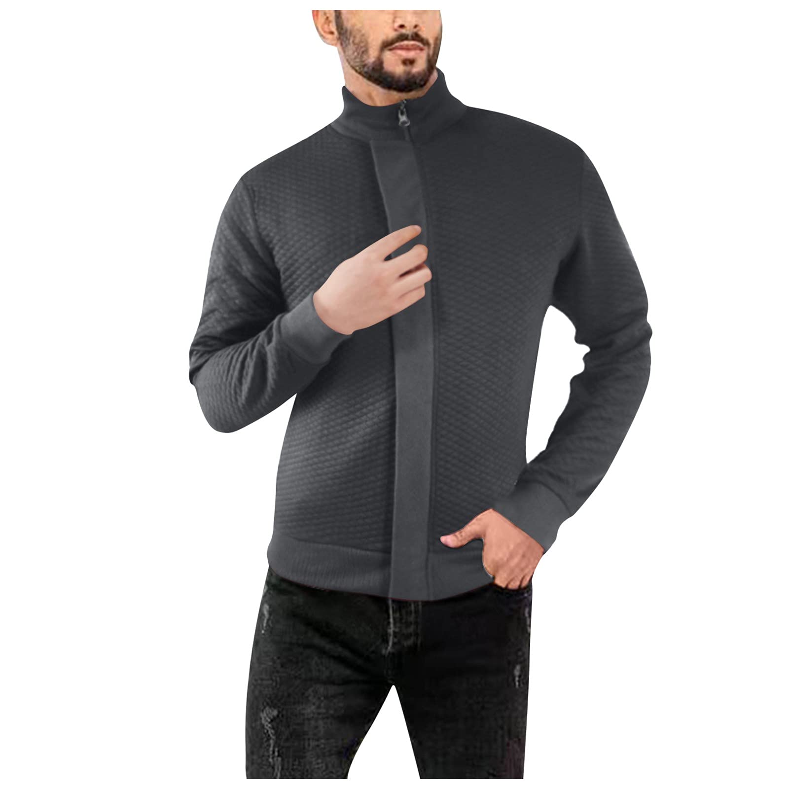 Men's Slim Fit Casual Cardigan Sweater - Long Sleeve Waffle Knit Fleece Full Zip Jacket for Golf, Work & Outdoor Activities