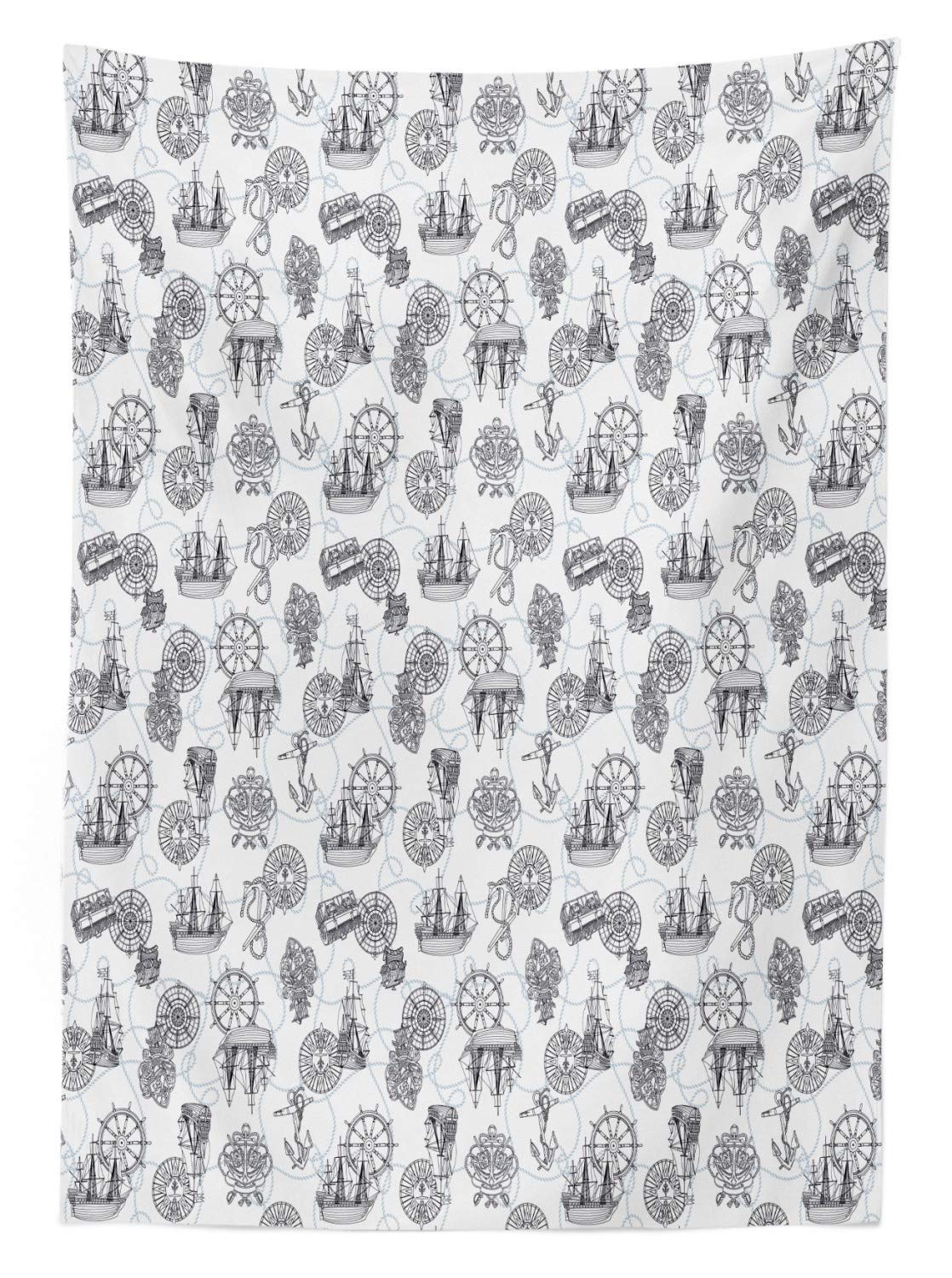Ambesonne Compass Outdoor Tablecloth - Sailing Boat, Antique Ship Steering Wheel & Anchor Marine Design, Washable Picnic Table Cover 58