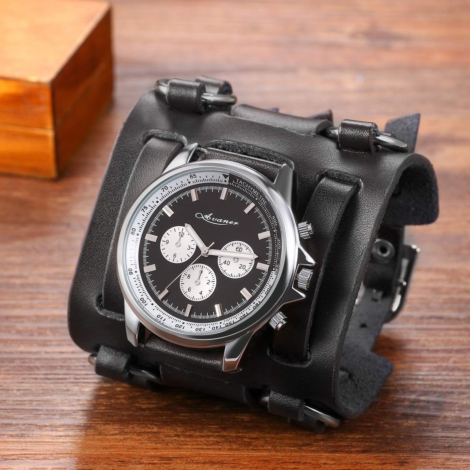 Men's Steampunk Retro Black Leather Cuff Bracelet Watch - Large Round Face Analog Quartz Sport Watch with Japanese Movement - Perfect for Vintage Fashion, Rock Concerts & Gothic Style Outfits