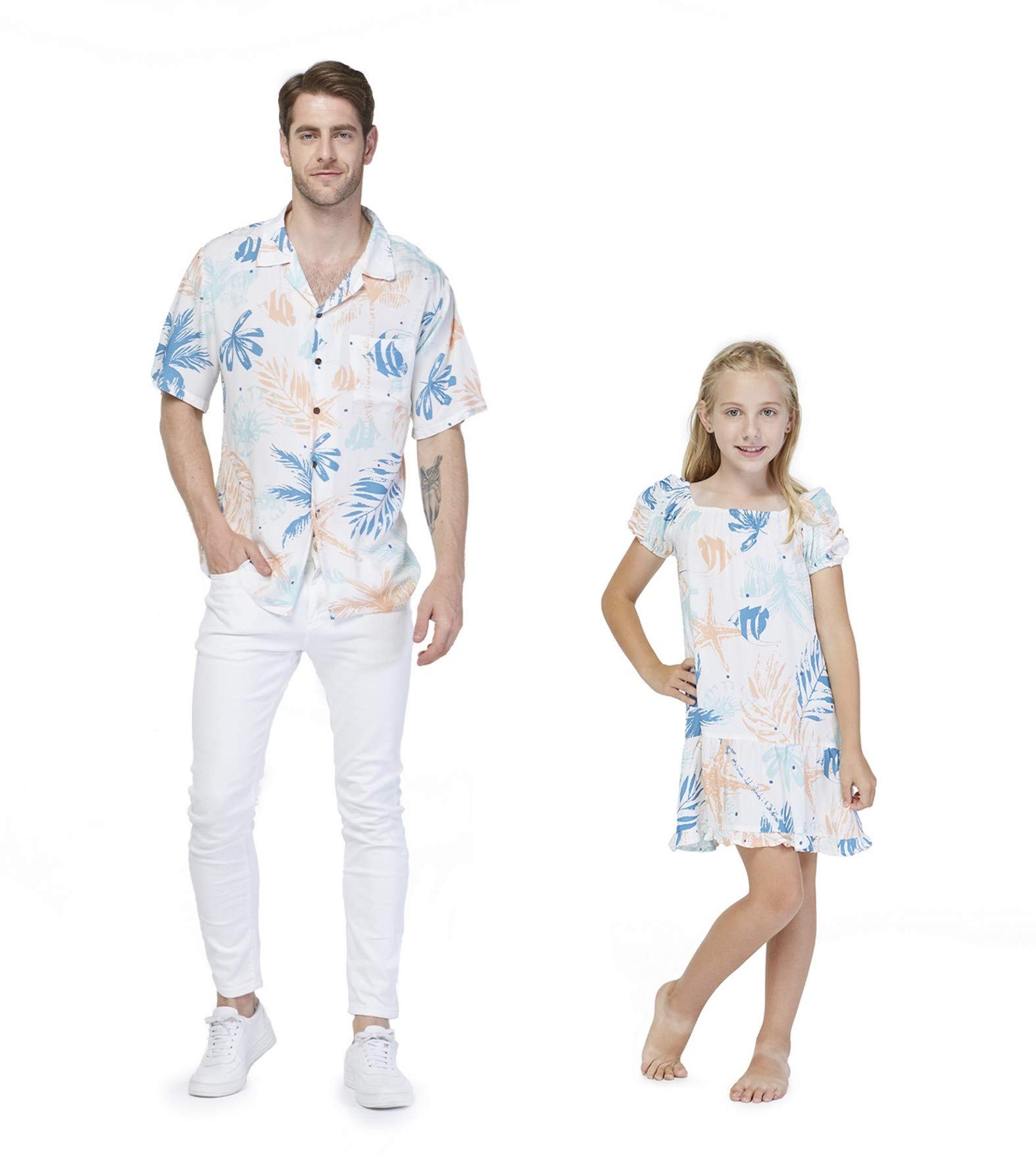 Father Daughter Matching Hawaiian Luau Cruise Shirts & Muumuu Dresses - Tropical Floral Print Outfits for Family Vacations, Beach Parties, and Summer Getaways