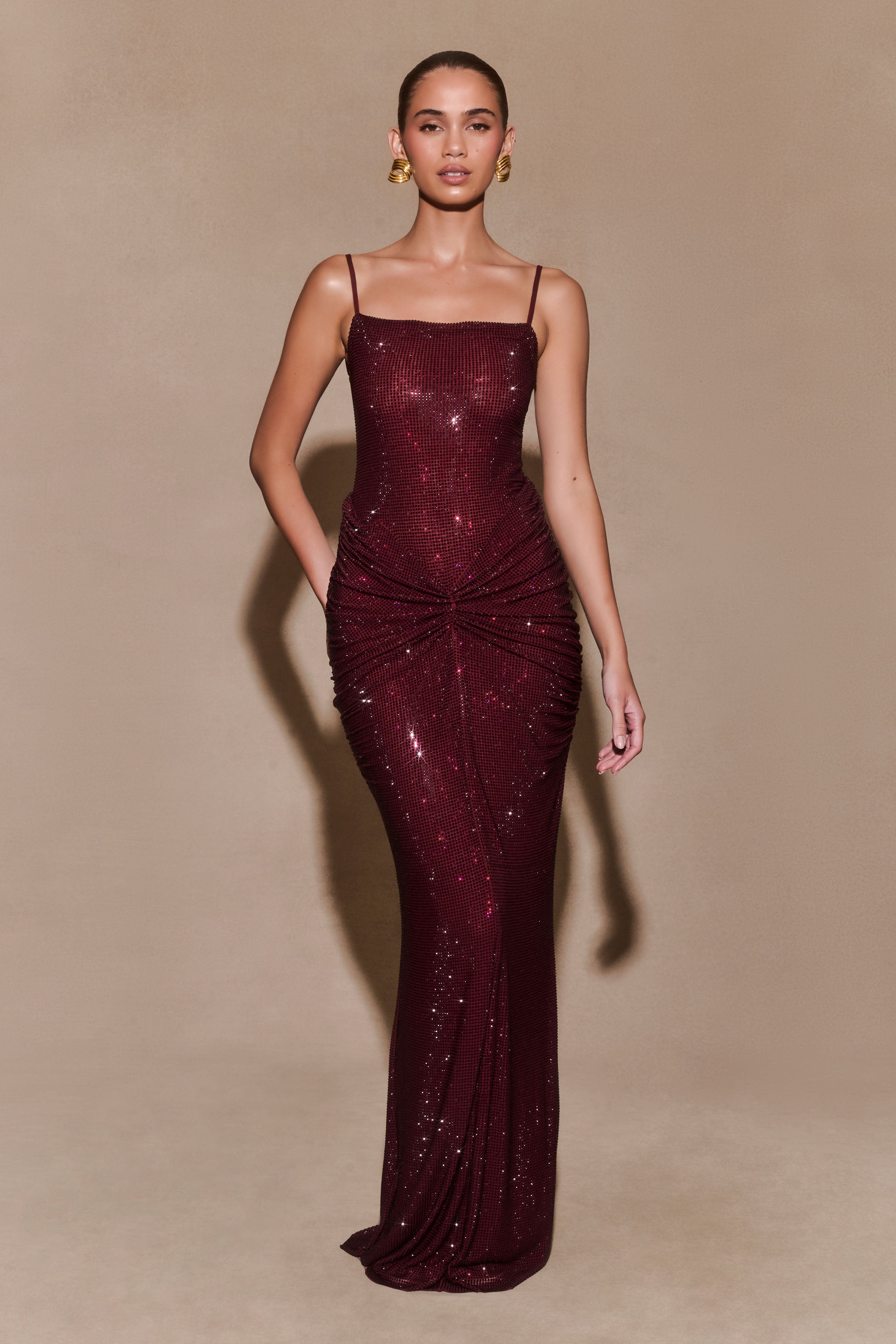 Elegant Roisin Diamond Satin Maxi Dress in Mahogany - Perfect for Weddings, Parties & Evening Events
