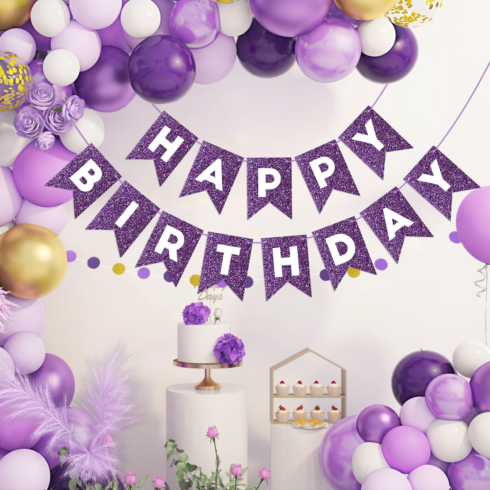Purple Glitter Happy Birthday Banner - Sparkly Birthday Sign for Women & Girls, Backdrop Wall Door Garland Bunting - Perfect for Birthday Parties, Baby Showers & Celebrations - Party Decorations Supplies