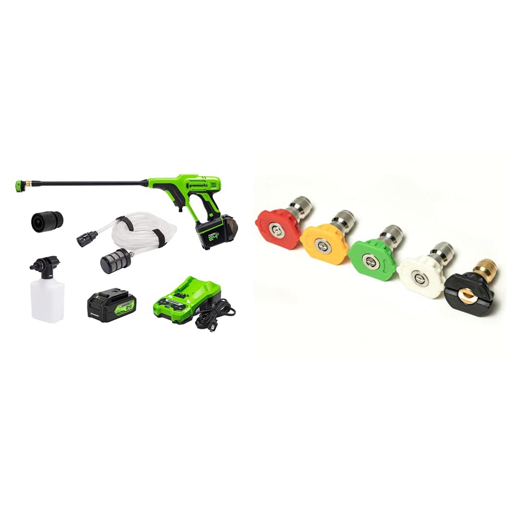 Greenworks 24V 600 PSI Cordless Pressure Washer with 4.0Ah USB Battery & Charger - Includes 5-Pack 3300 PSI Universal Spray Tips for Home, Car, Deck, and Patio Cleaning