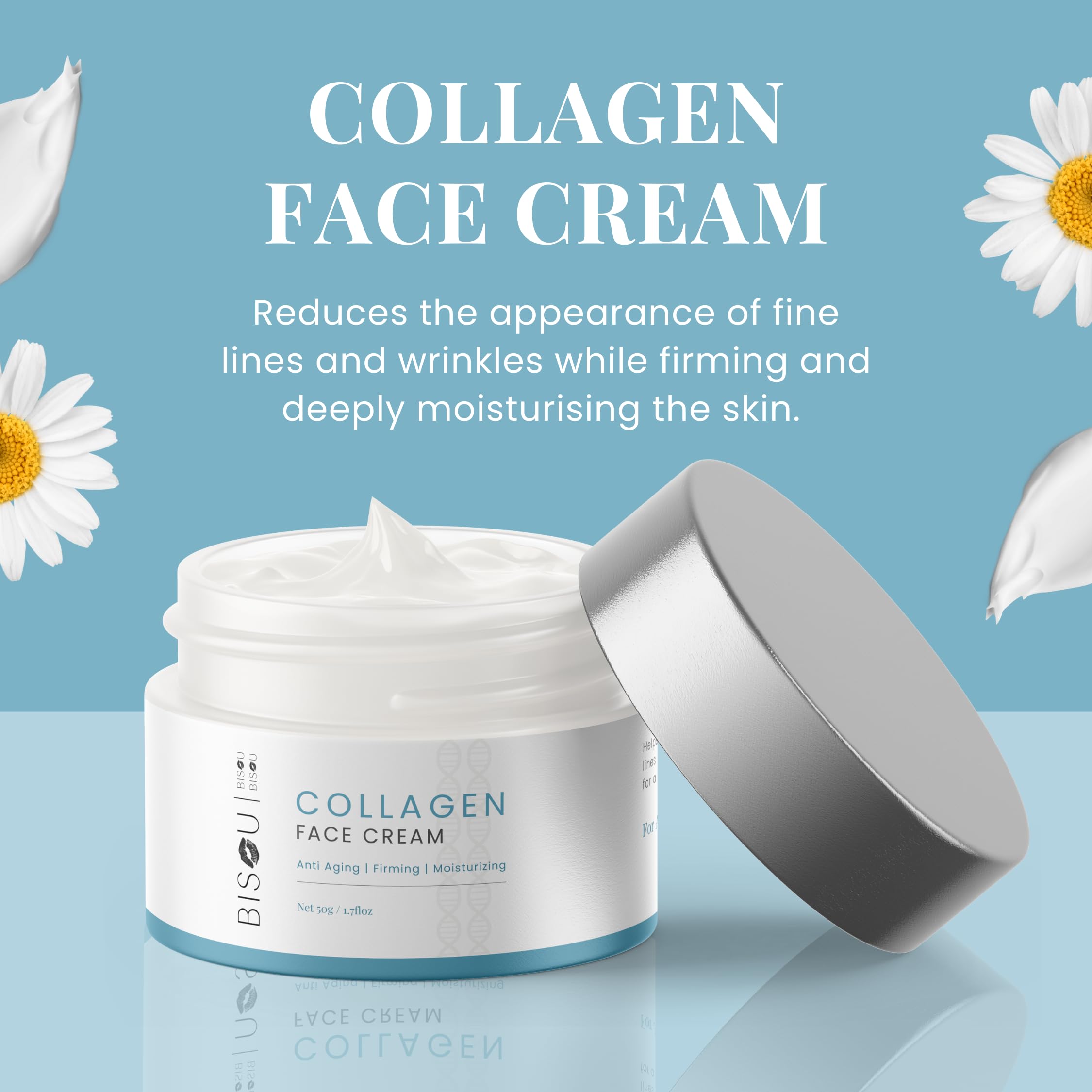 Bisou Skincare Collagen Face & Neck Cream - Anti-Aging Day & Night Moisturizer with Hyaluronic Acid & Vitamin E - Reduces Fine Lines, Wrinkles & Dark Spots - Hydrating Cream for Smooth, Plump Skin (1.7 fl oz) - Perfect for Daily Skincare Routine & Travel Size