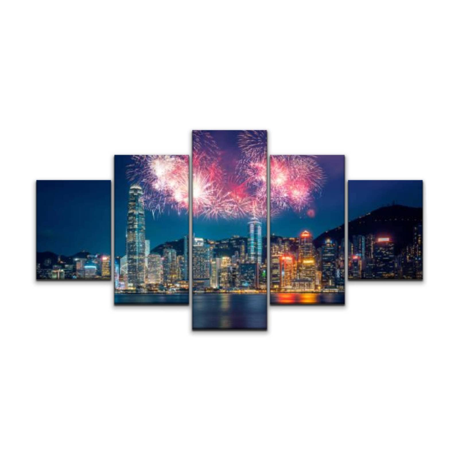 5 Panels Canvas Wall Art - Firework Show on Victoria Harbor Hong Kong, Stretched & Framed Painting, Ready to Hang Home Decor for Living Room & Bedroom | Perfect for Modern Interior Design & Gift Giving