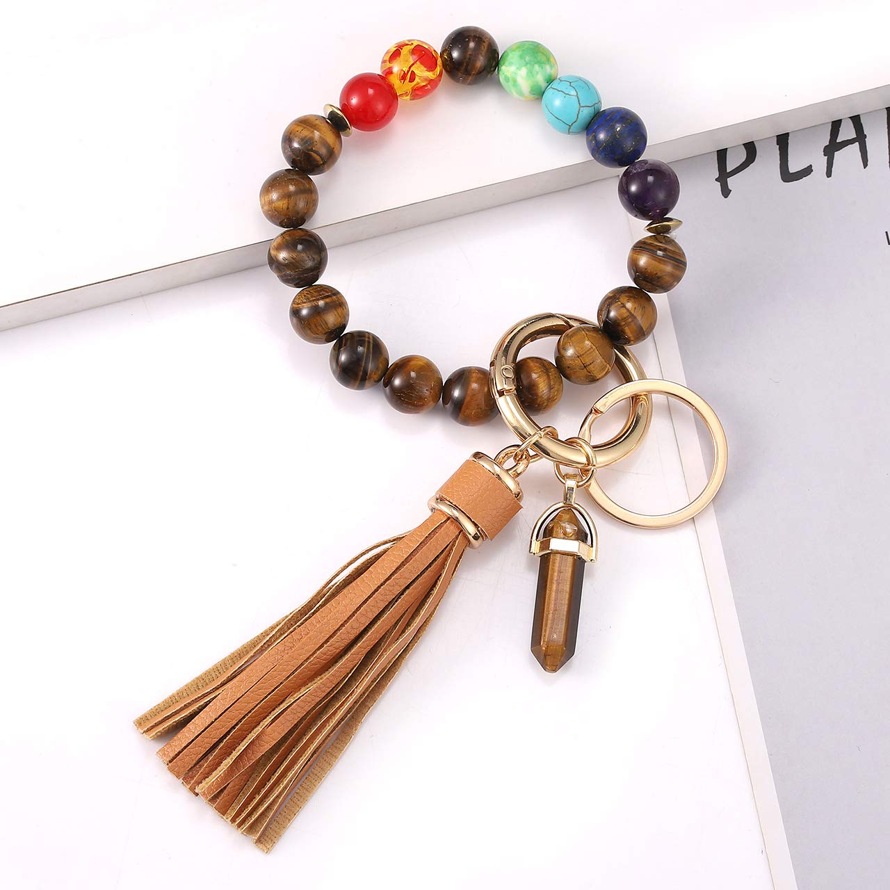 MOLOCH Stone Beaded Keychain Bracelet for Women - Stylish Tassel Wrist Key Holder with Carabiner Clip | Perfect Gift for Her, Boho Jewelry Accessory for Daily Use, Travel & Car Keys Organization
